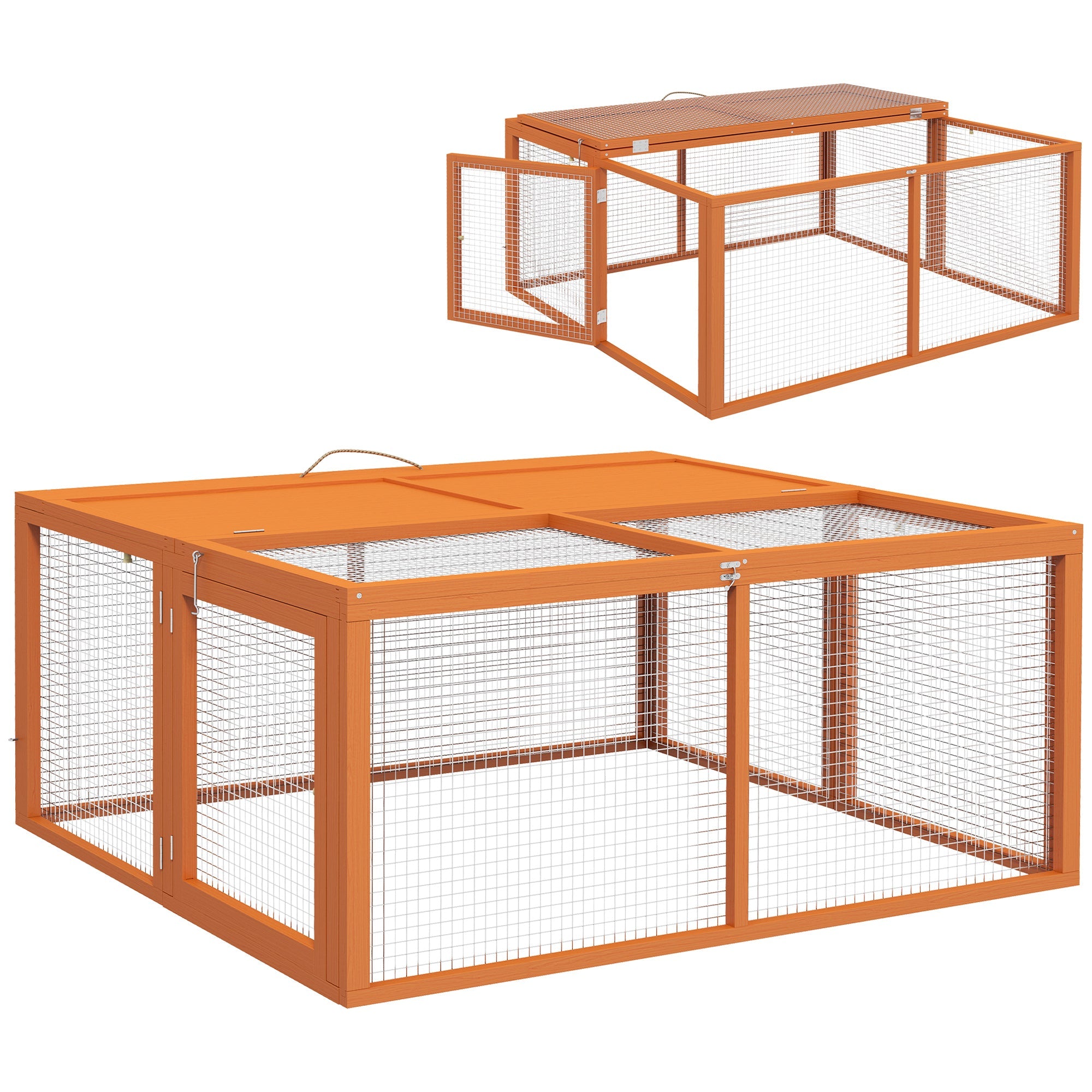 PawHut Wooden Folding Rabbit Hutch, for 2-3 Rabbits - Orange