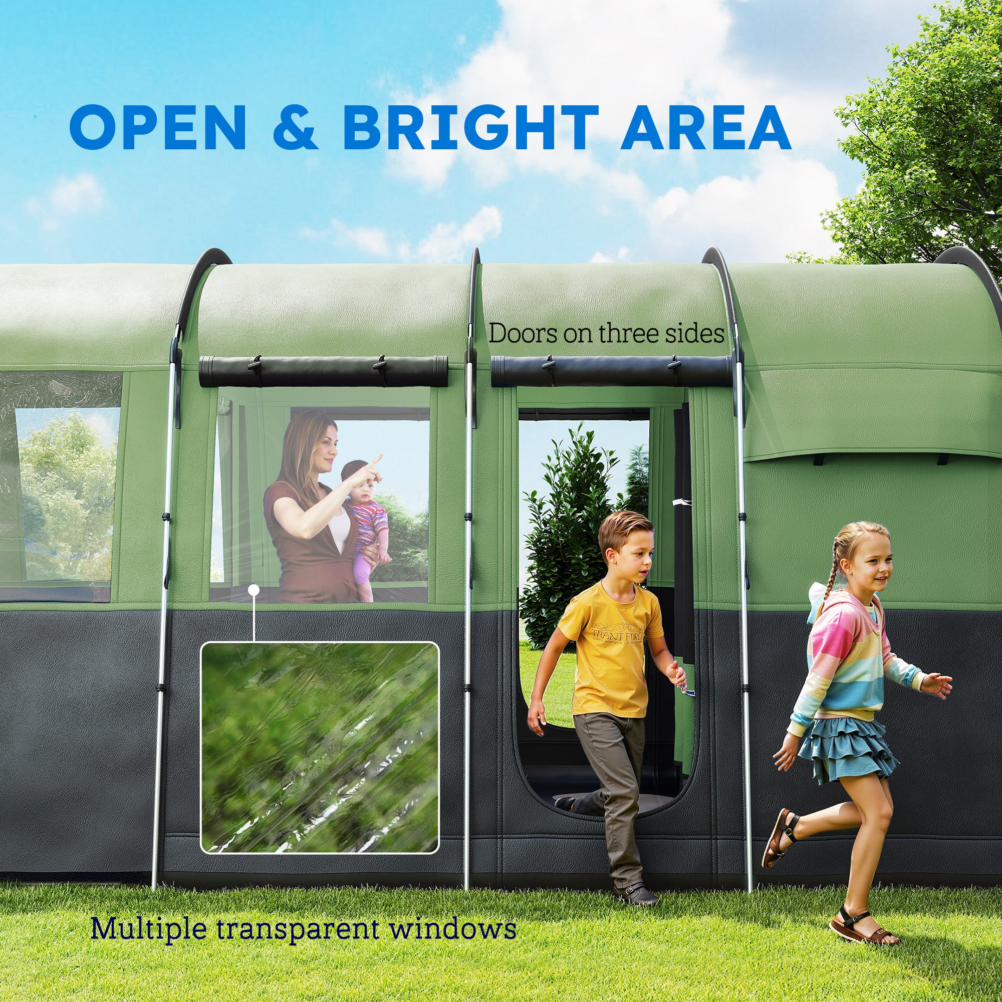 Outsunny 8-Person Camping Tent, Waterproof Family Tent, Tunnel Design, 4 Large Windows, Sleeping Cabins 3000mm Water Column Green