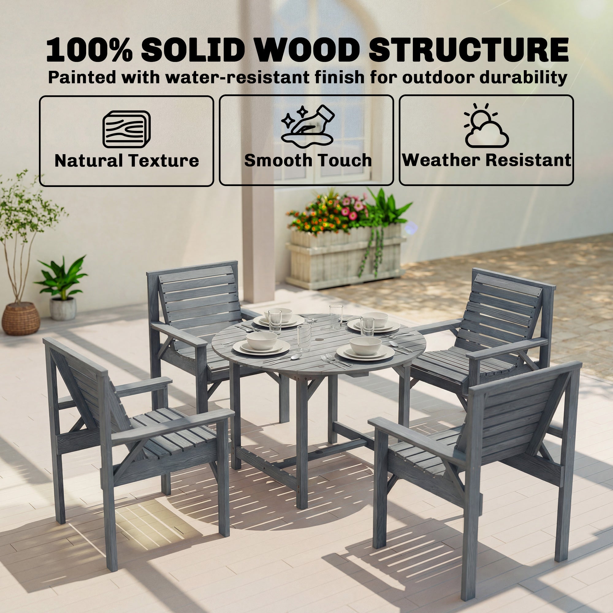 Outsunny 5 Pieces Garden Dining Set with Parasol Hole, Round Outdoor Table and Chairs, 4 Seater Wooden Garden Furniture, Grey