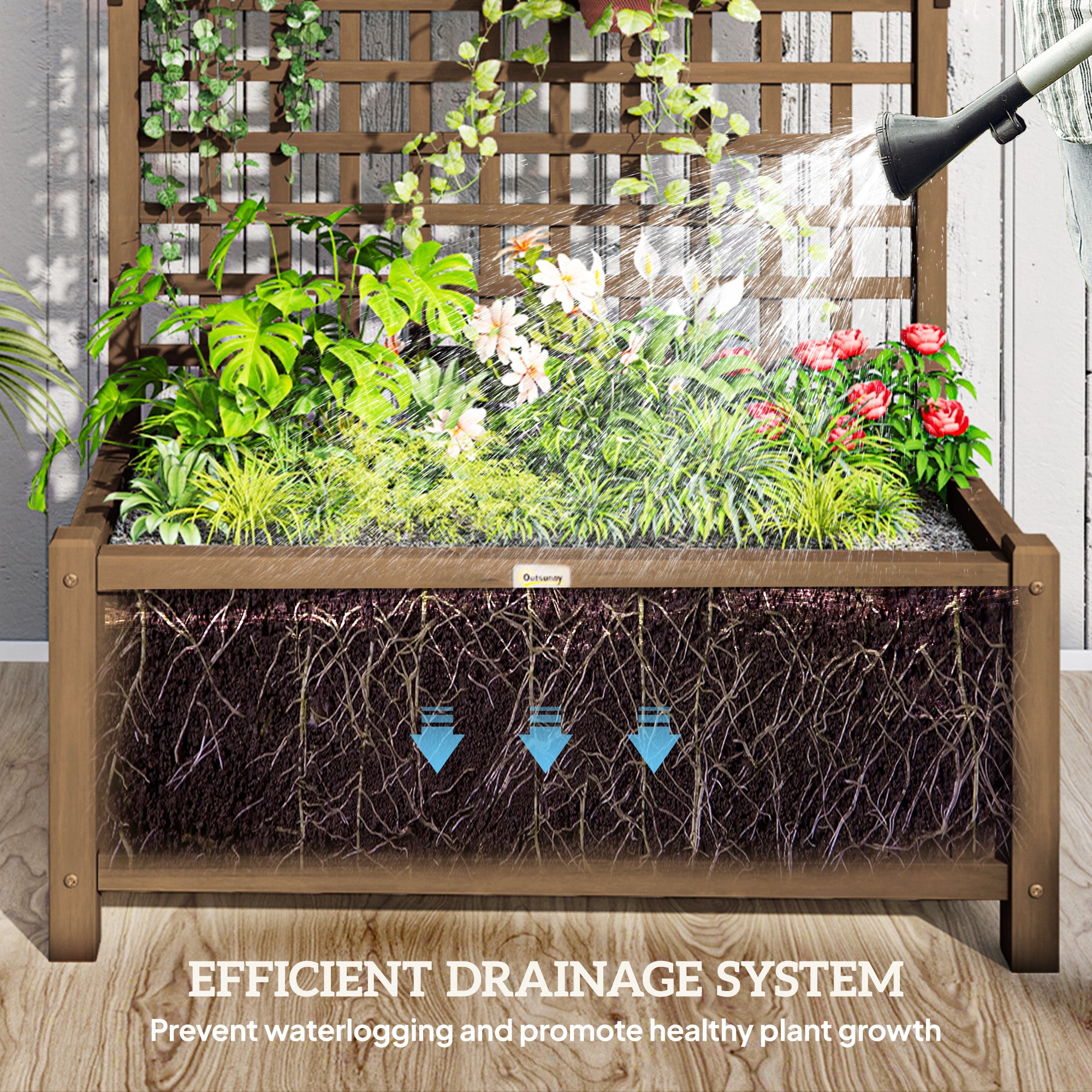Outsunny Raised Bed with Drainage Holes, Wood Planter with Trellis for Climbing Plants to Grow Vegetables, Flowers, Brown
