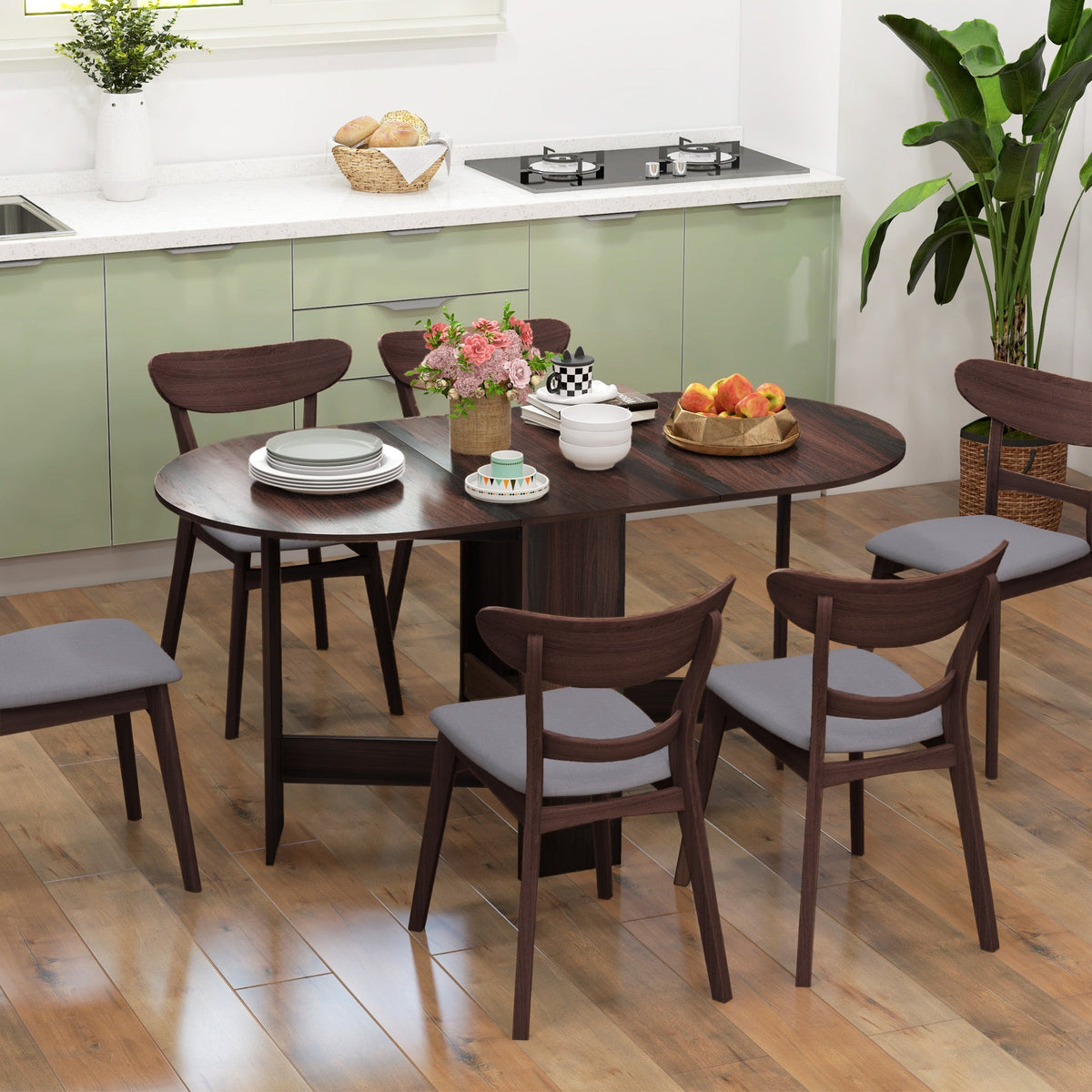 HOMCOM Folding Dining Table, Drop Leaf Table for Small Spaces, Oval Tabletop for Dining Room, Chocolate Wood Effect - product