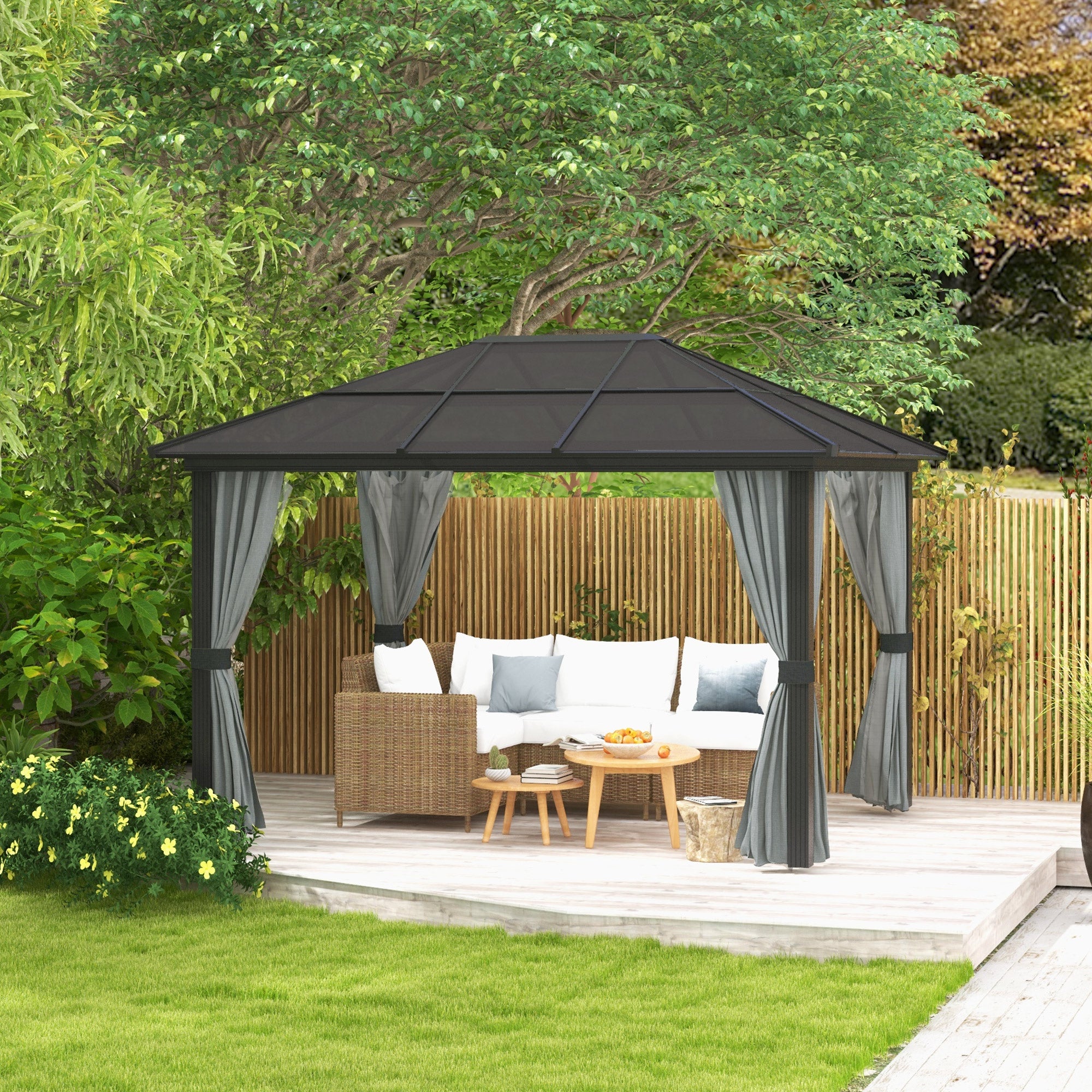 Outsunny 3 x 4m Hard Top Gazebo Garden Pavilion with Netting and Curtains, Polycarbonate Roof and Aluminium Frame