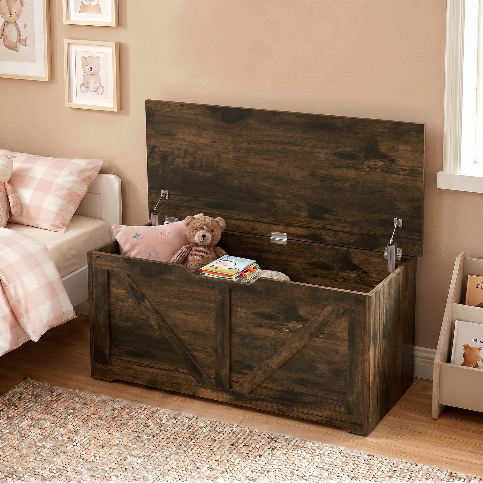 HOMCOM 127L Home Storage Box, with Safety Hinges - Rustic Brown Wood-Effect