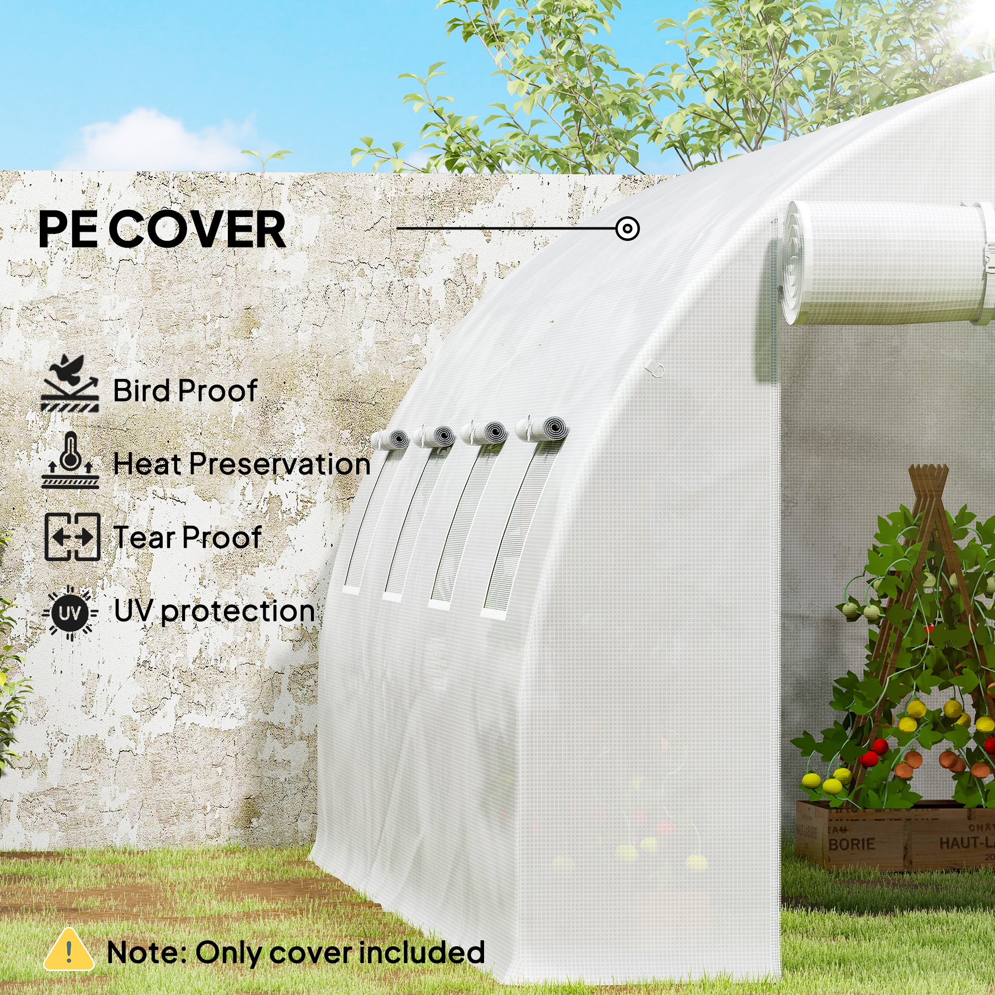 Outsunny 4 x 3 x 2m Greenhouse Replacement Cover ONLY Winter Garden Plant PE Cover for Tunnel Walk-in Greenhouse with Roll-up Windows Door Outdoor, White