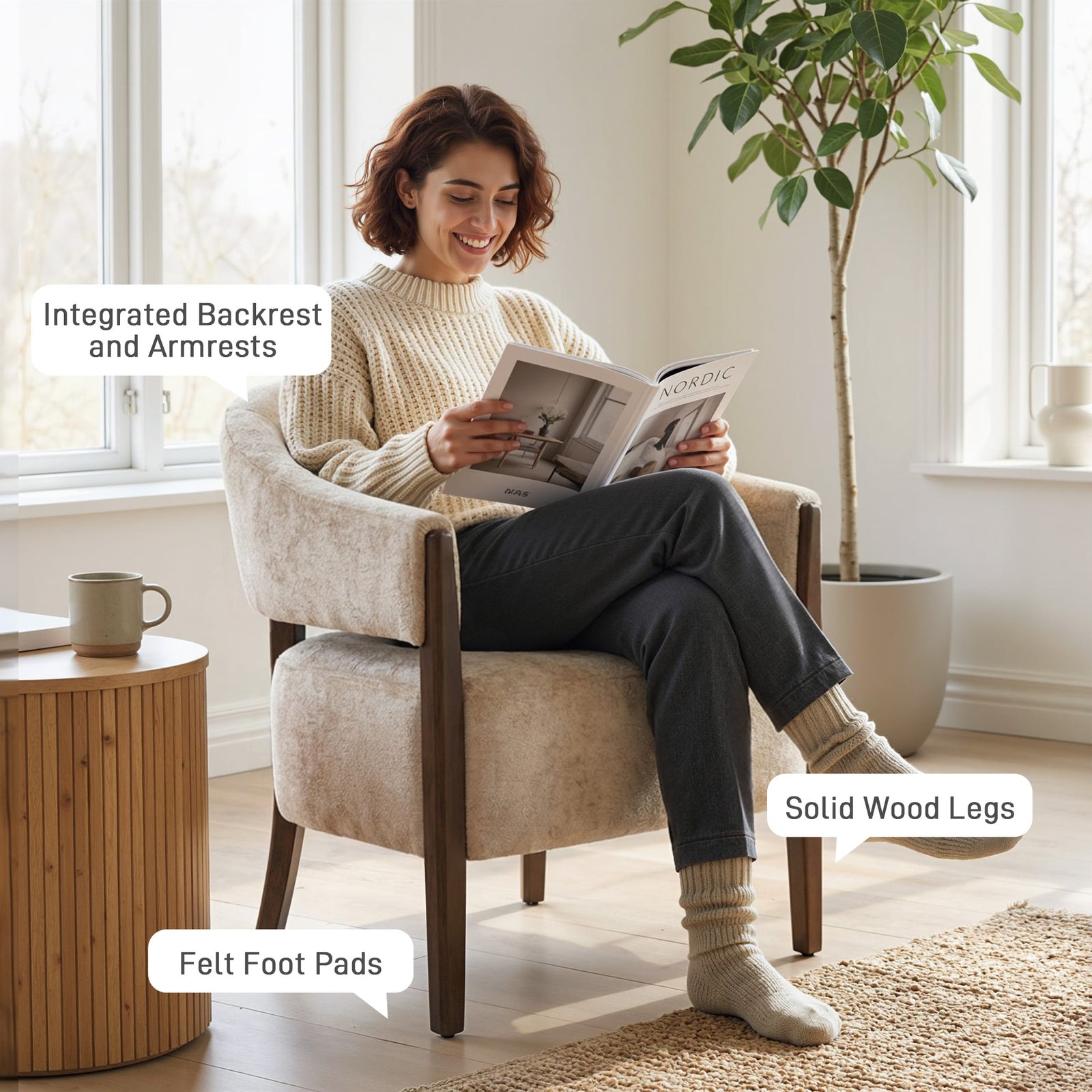 HOMCOM Accent Chair, Chenille Upholstered Tub Chair with Wide Seat, Solid Wood Frame and Legs, Comfy Armchair, Beige