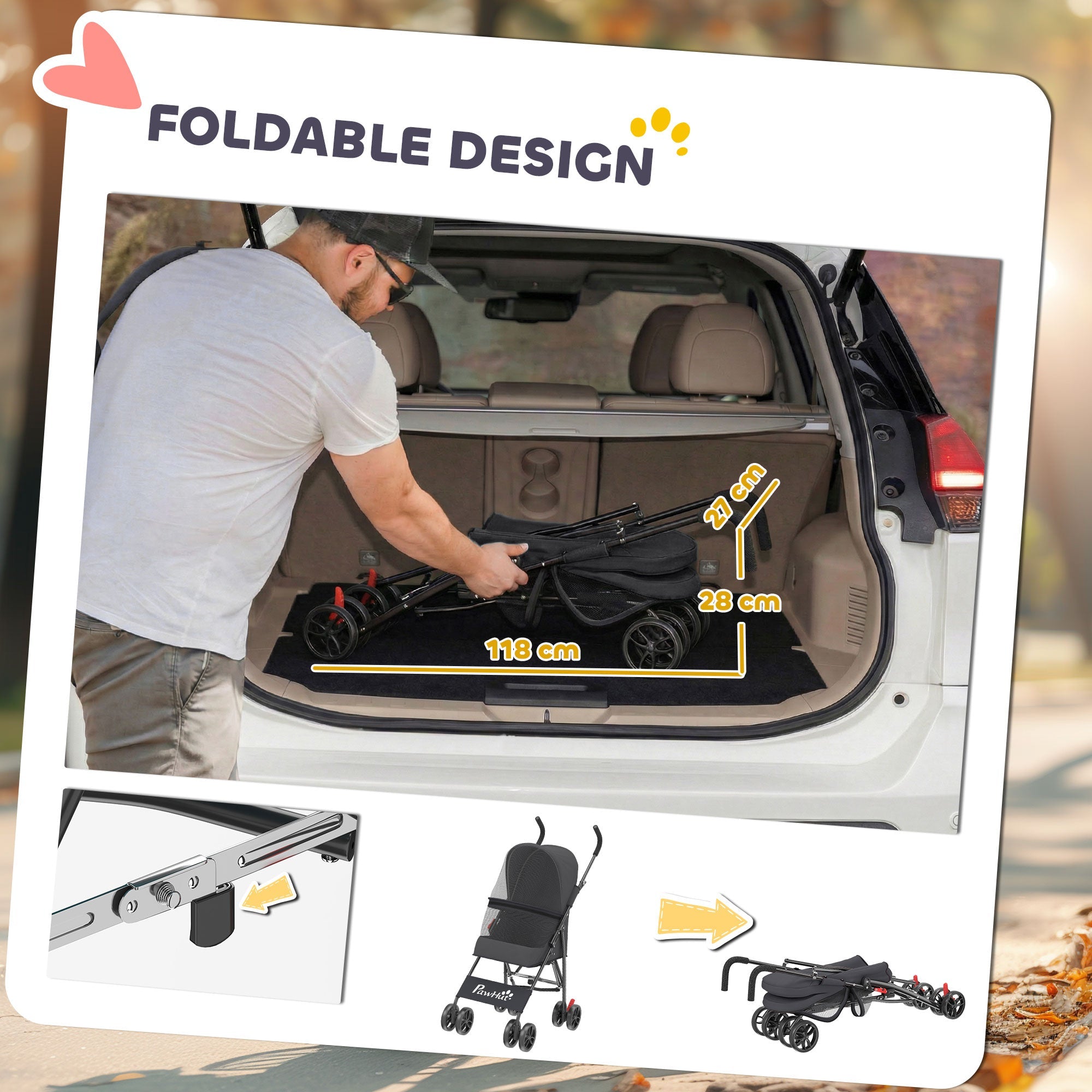 PawHut Dog Stroller, Foldable Cat Dog Pram for Miniature Breeds, Pet Stroller with Brake, Mesh Windows, Black