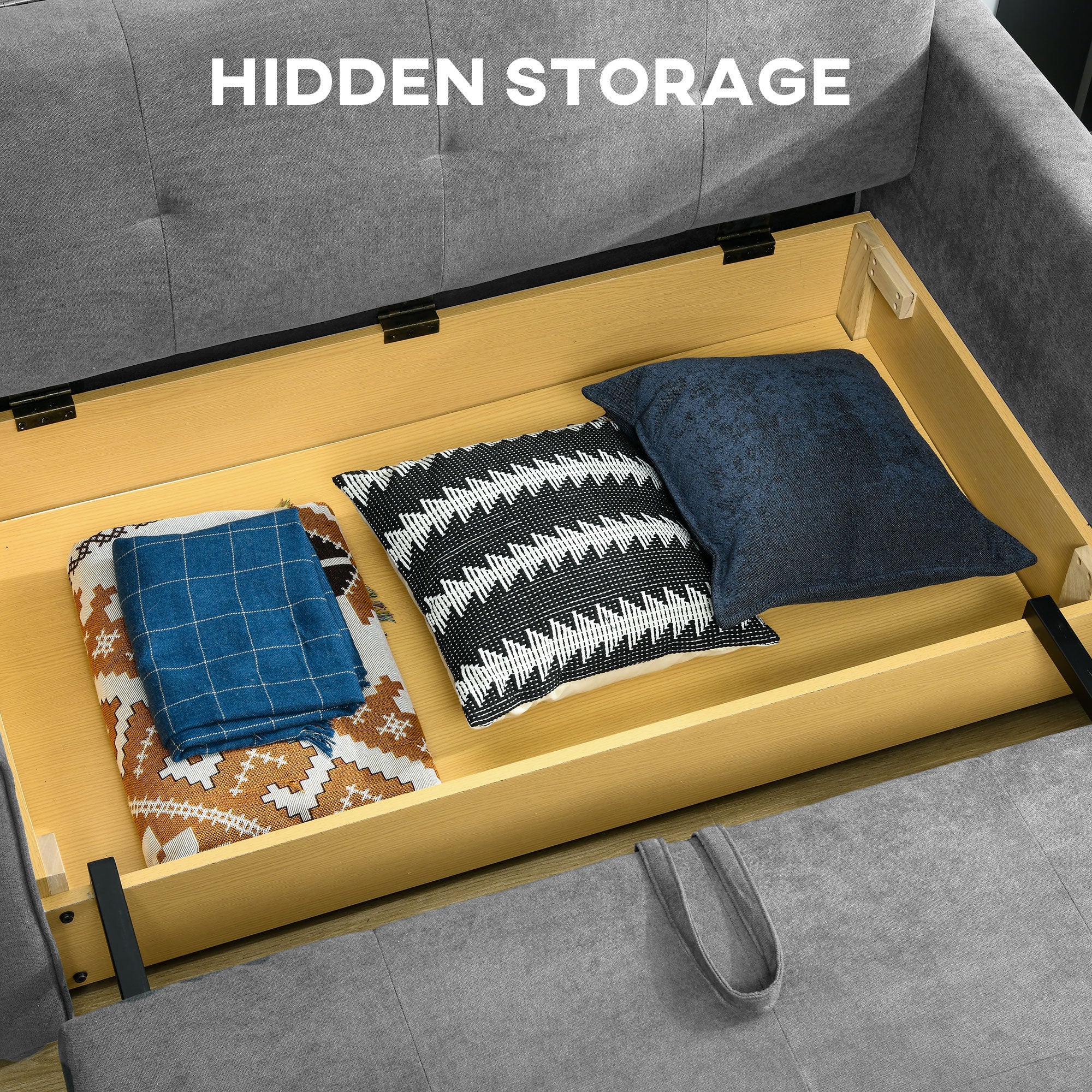 HOMCOM 2 Seater Sofa Bed, Convertible Bed Settee, Modern Velvet Loveseat Sofa Couch with 2 Cushions, Hidden Storage for Living Room, Guest Room, Grey