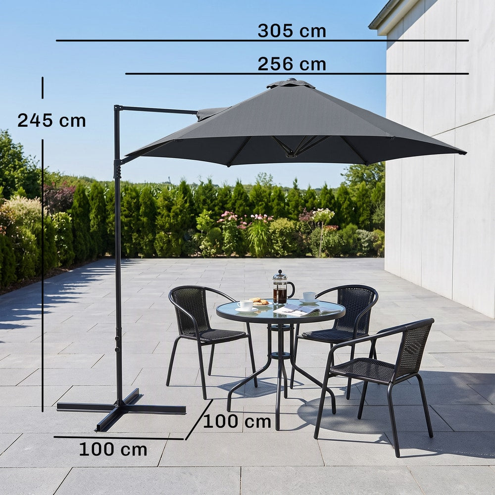 Outsunny 2.5M Garden Cantilever Parasol, Offset Roma Patio Umbrella Hanging Sun Shade Canopy Shelter with 360° Rotation and Cross Base, Dark Grey