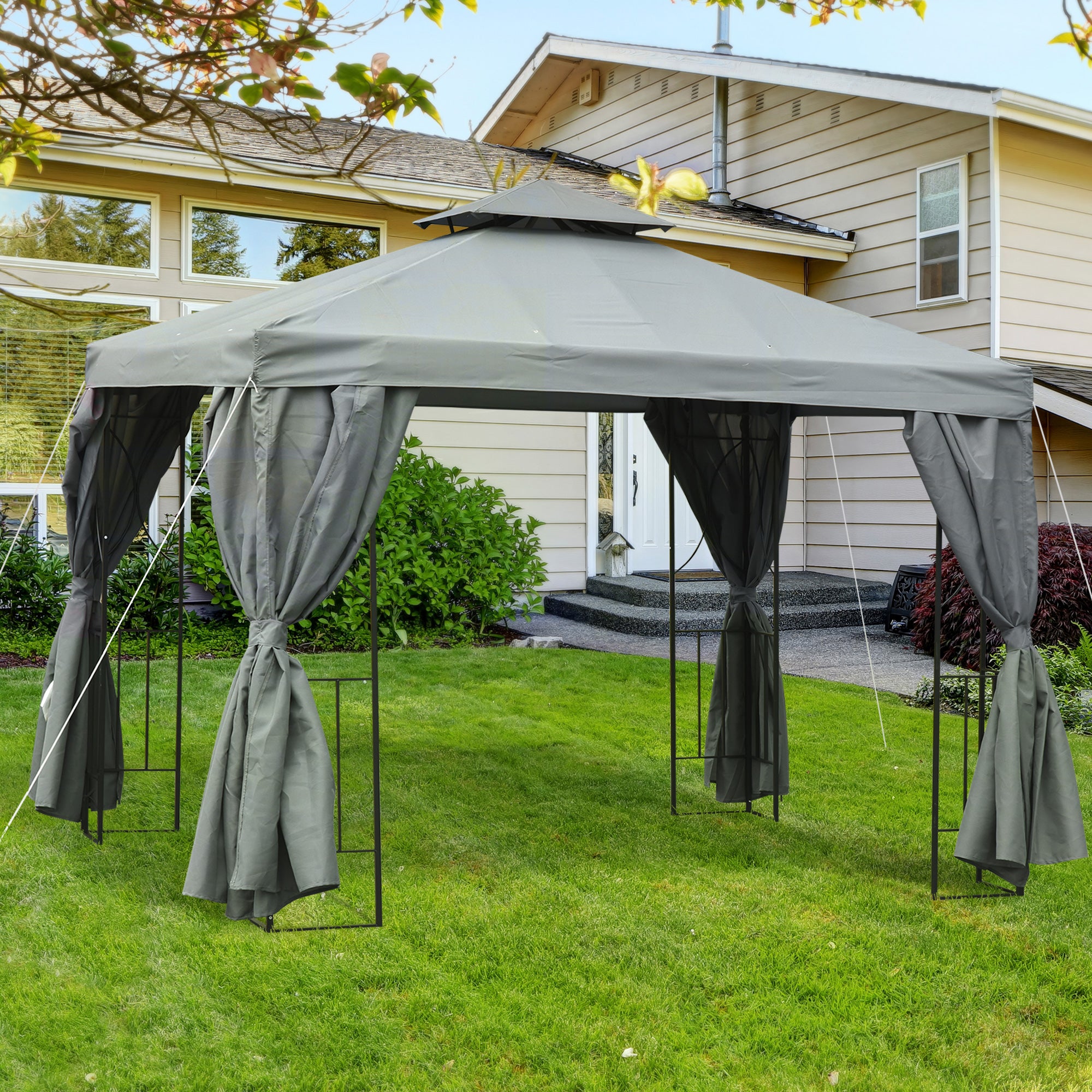 Outsunny 3 x 3 m Garden Gazebo Double√Ç Roof Marquee Patio Wedding Party Tent Canopy Shelter with Sidewalls, (Dark Grey)