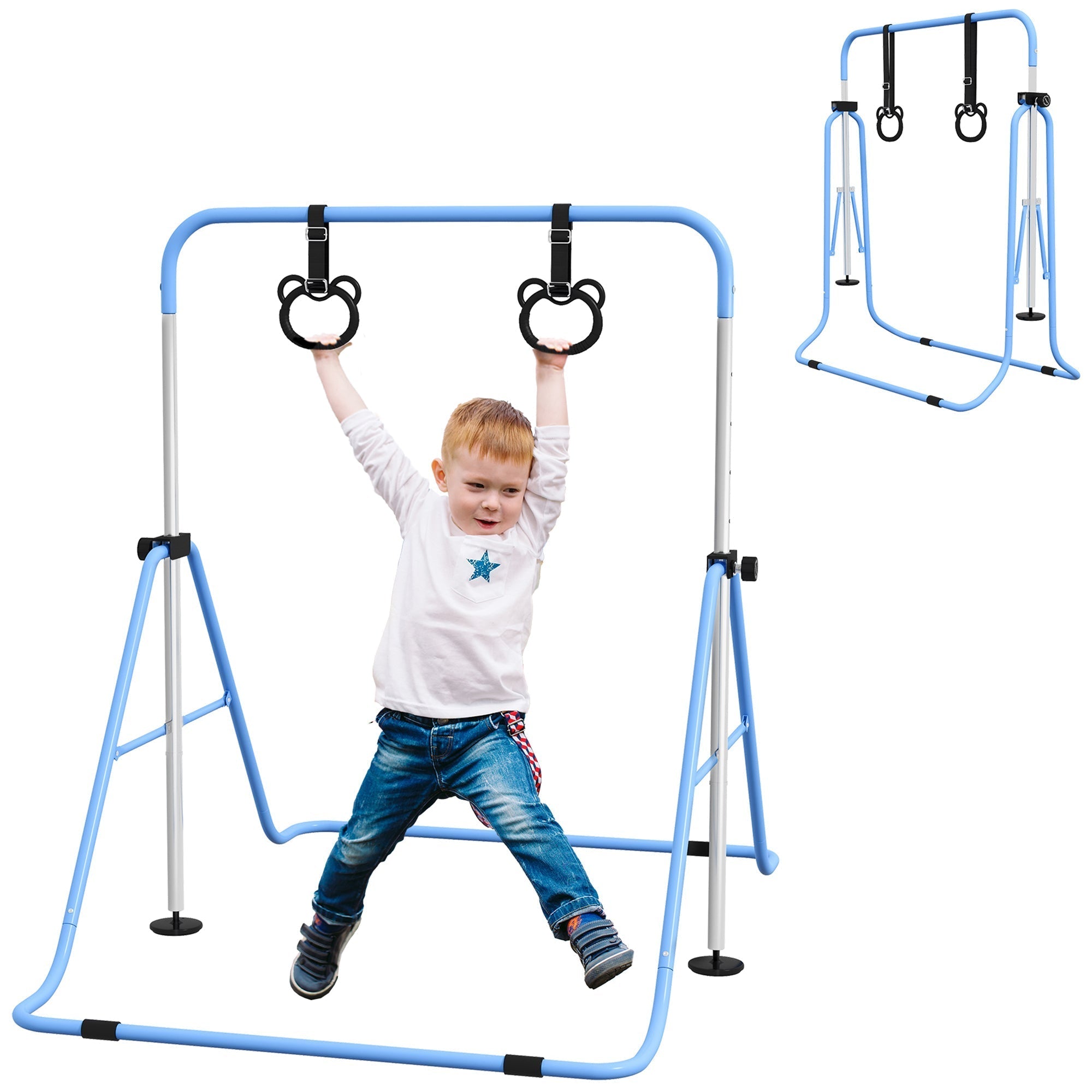 HOMCOM Adjustable Height, Foldable Kids Gymnastics Bar w/ Non-slip Rubber Floor Rings, for 3+ Years, Blue