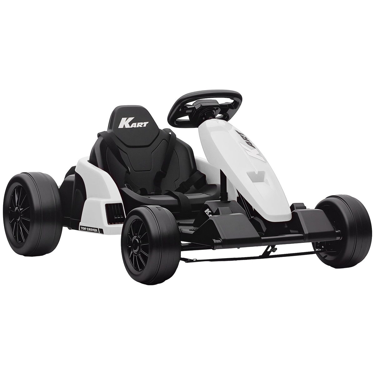 AIYAPLAY 24V Electric Go Kart, Drift Kart with Adjustable Seat, Slow Start, 5-Point Harness, Music, Horn, for 6-12 Years, White