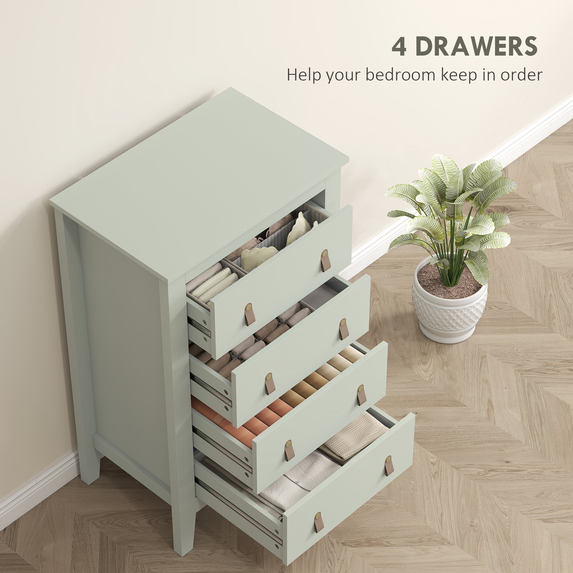 HOMCOM Bedroom Chest of Drawers, Modern 4 Drawer Dresser Cabinet with PU Leather Handles and Metal Runners for Living Room, Hallway, Entryway, Green