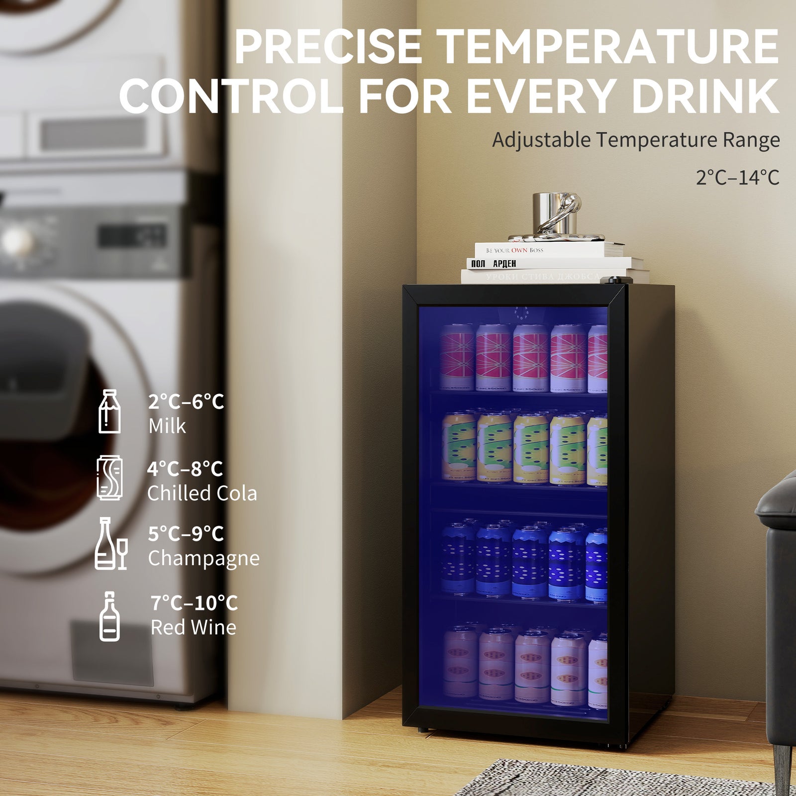 HOMCOM 93L Drinks Fridge, 115 Can Freestanding Beer Fridge with Glass Door, Adjustable Shelves, LED Light, for Beer Soda, Black