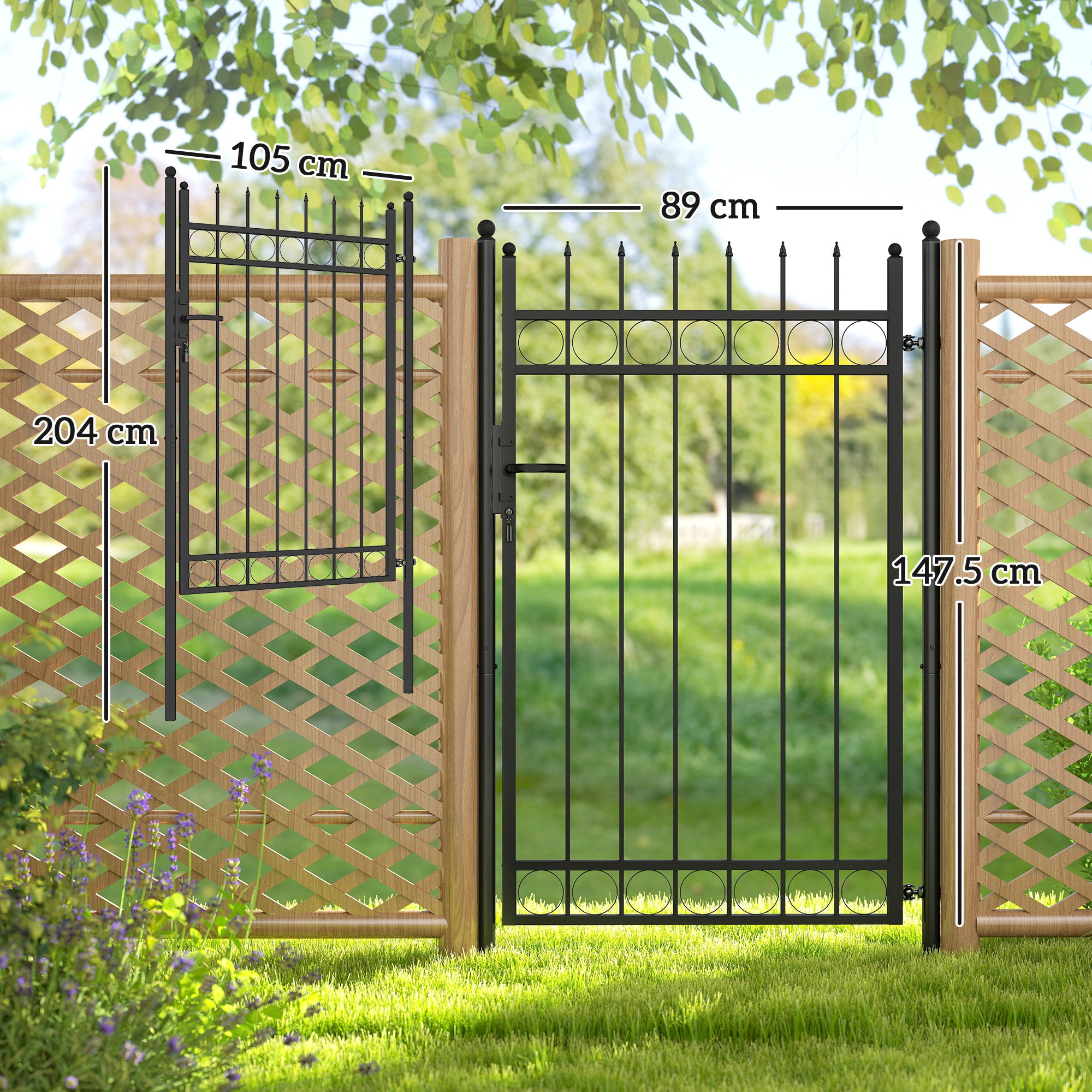 Outsunny Galvanised Steel Garden Gate, Outdoor Fence Gate Security Barrier with Lock, Keys and Handle, Outdoor Entrance Way Door with Classic Finials, 105 x 204 cm, Black