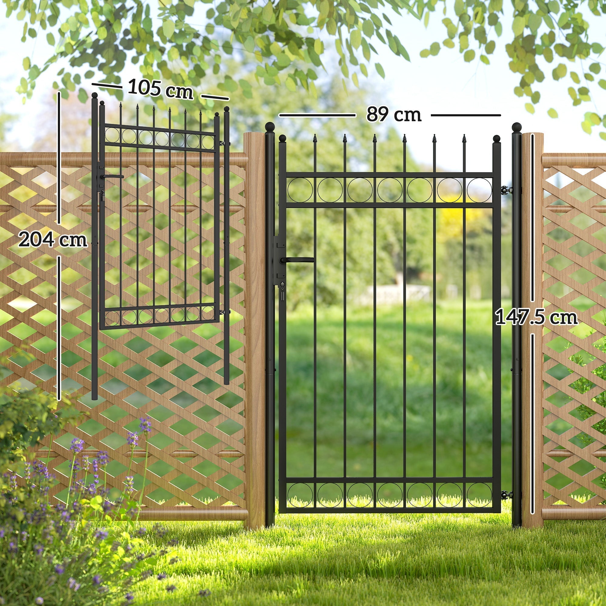 Outsunny Galvanised Steel Garden Gate, Outdoor Fence Gate Security Barrier with Lock, Keys and Handle, Outdoor Entrance Way Door with Classic Finials, 105 x 204 cm, Black