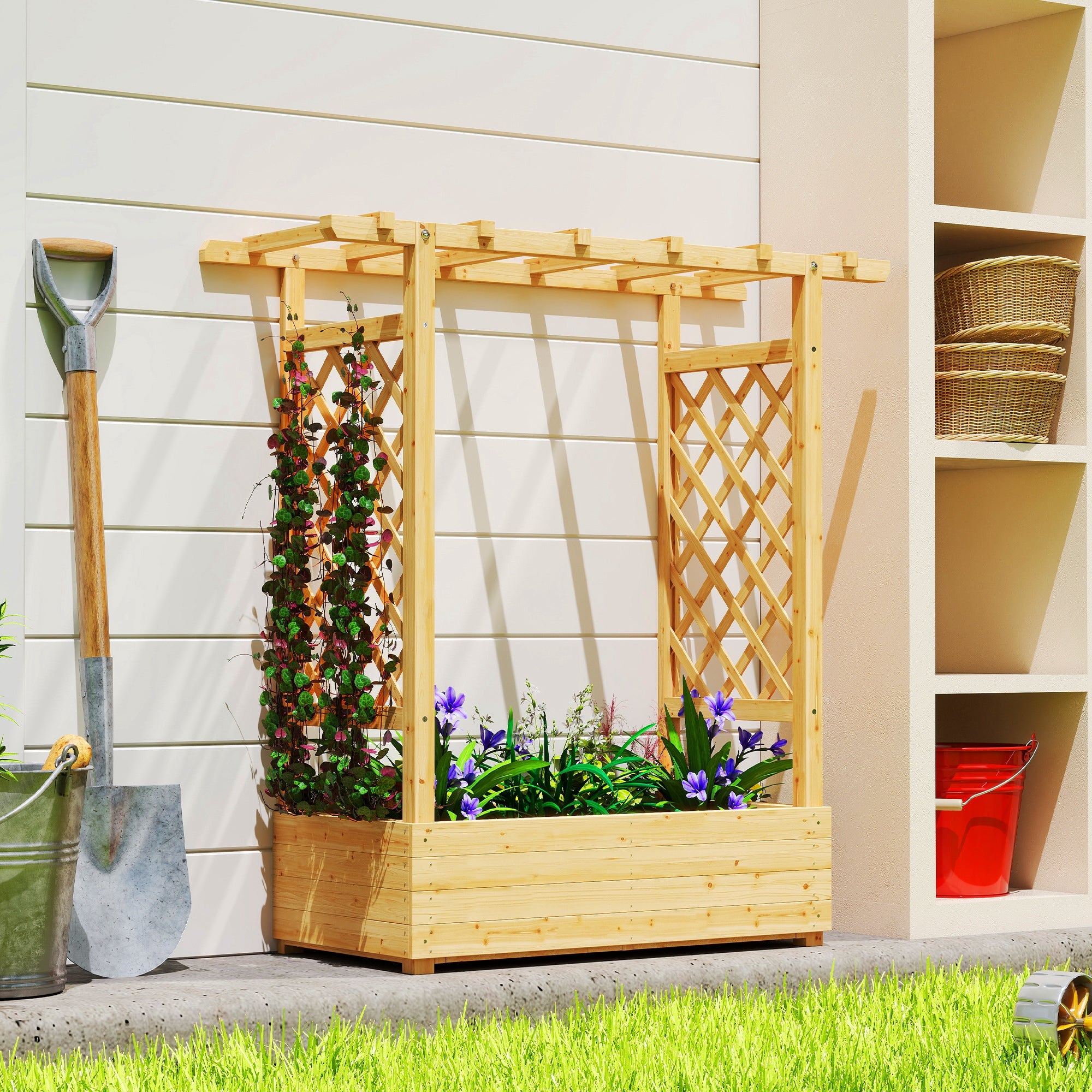 Outsunny Garden Planter with Trellis, Wooden Raised Bed for Garden with Hanging Roof and Drainage Holes, Outdoor Trellis Planter Box for Vegetables, Herbs and Flowers, 110 x 44 x 113 cm, Natural
