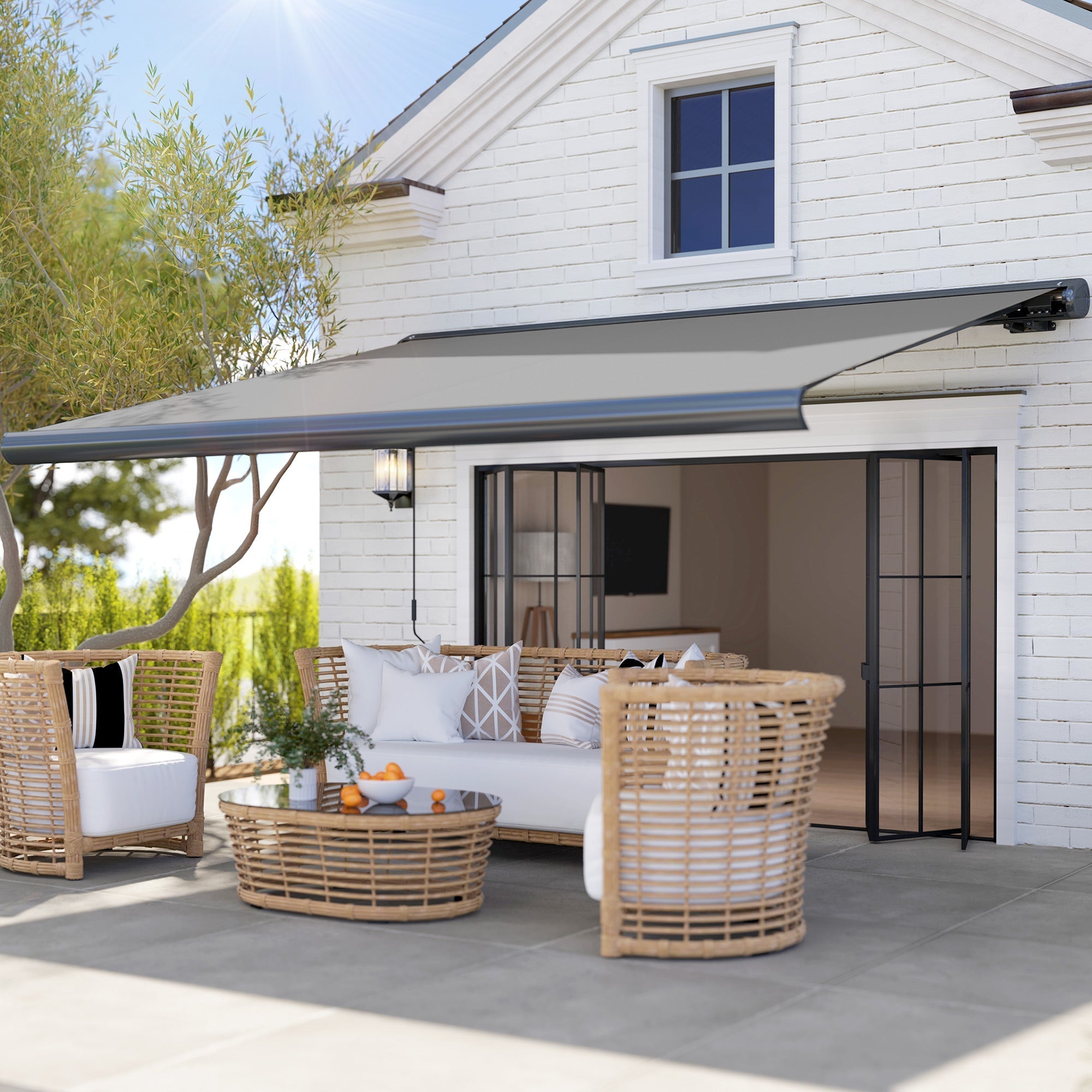 Outsunny 3.5 x 3 m Electric Awning with Remote Controller, Aluminium Frame DIY Retractable Awning, UV50+ Sun Shade Canopy for Garden Patio Deck Door Window, Light Grey