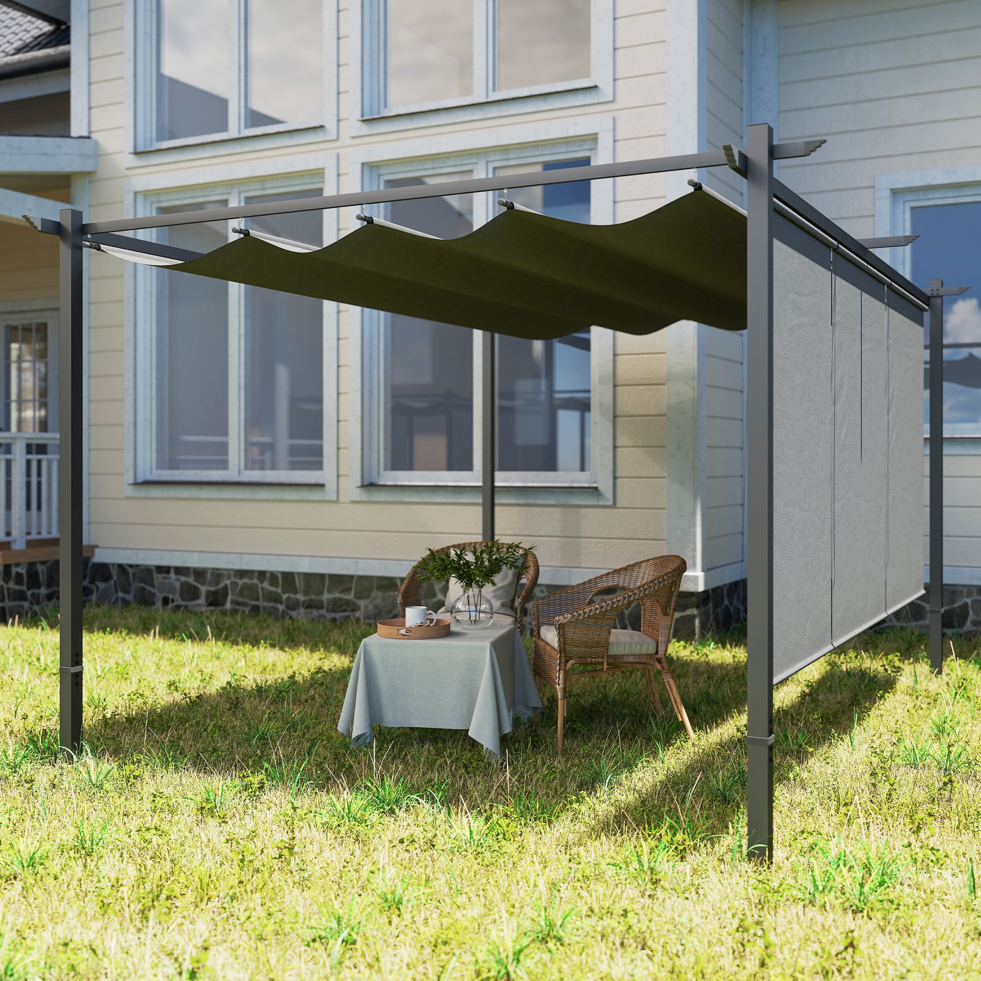 Outsunny 3 x 4m Metal Pergola with Retractable Roof and Roller Shade, Wall-Mounted or Free Standing Garden Gazebo Canopy Pergola Kit, UPF30+ Outdoor Sun Shade Shelter, Grey
