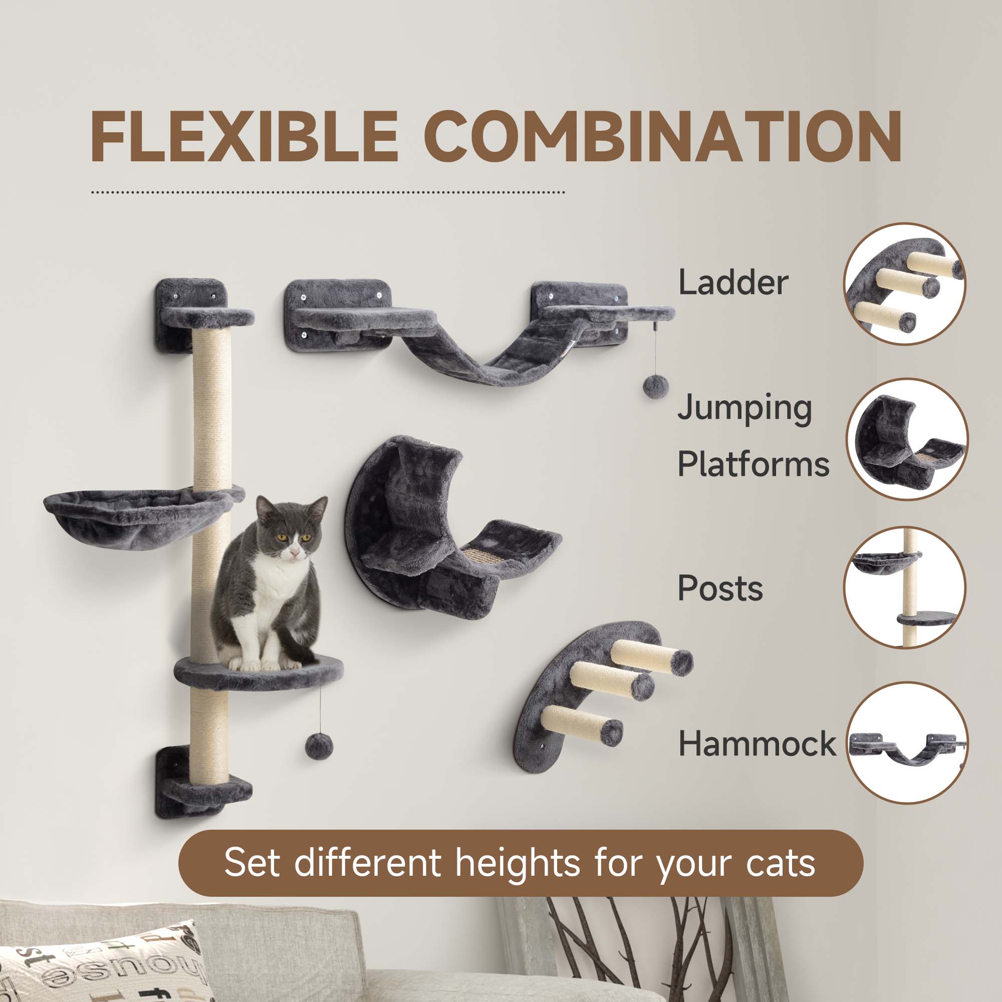 PawHut Four-Piece Cat Wall Furniture, with Hammock, Ladder, Platforms, Steps, for Indoor Use - Dark Grey