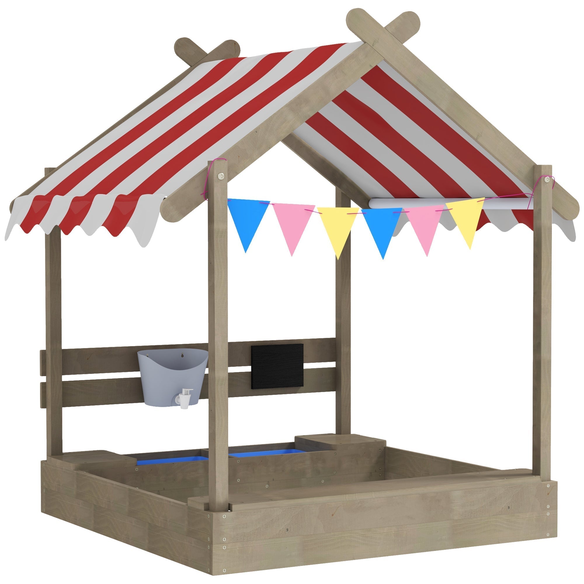 Outsunny House-Designed Wooden Sandbox, Outdoor Sandpit, with Blackboard, Toys, Sink, Seats, Flags, for Ages 3-7 Years - Grey