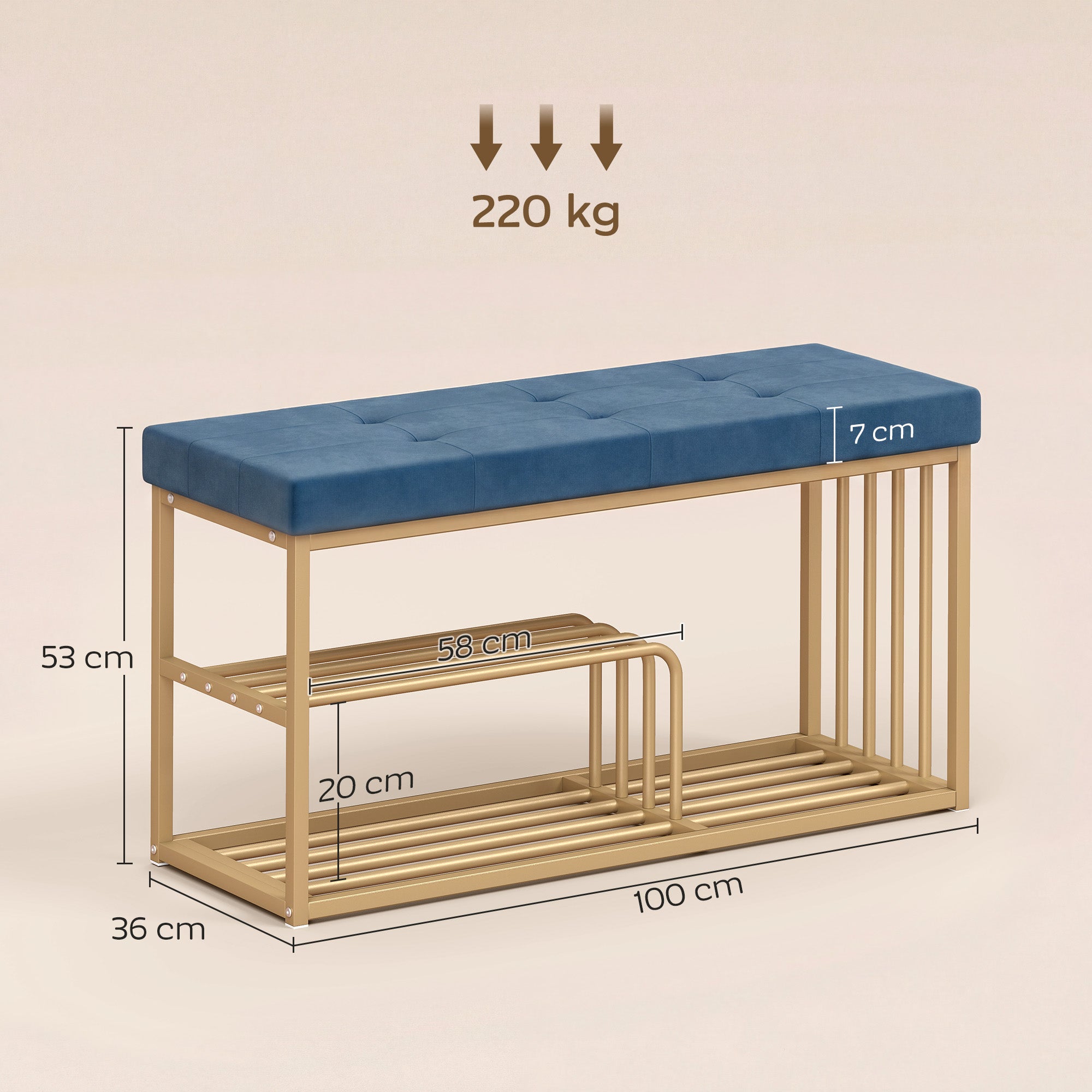 HOMCOM Bench and Shoe Storage, Tufted Shoe Storage Bench with Velvet Seat Cushion Gold Steel Frame for Entryway, Dark Blue