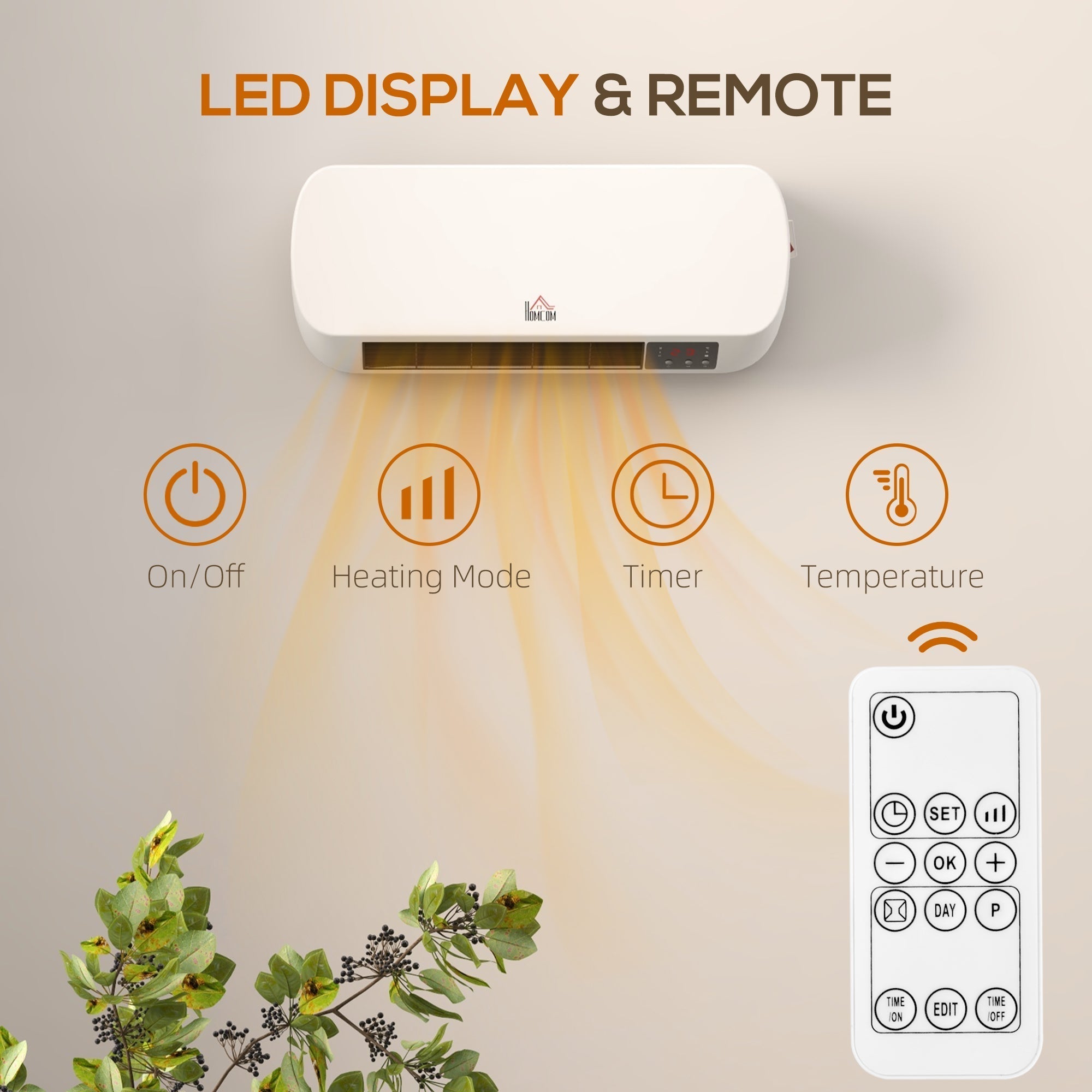 HOMCOM 2000W Wall Mounted Ceramic Space Heater, 10-49√Ç¬∞C Temperature, White