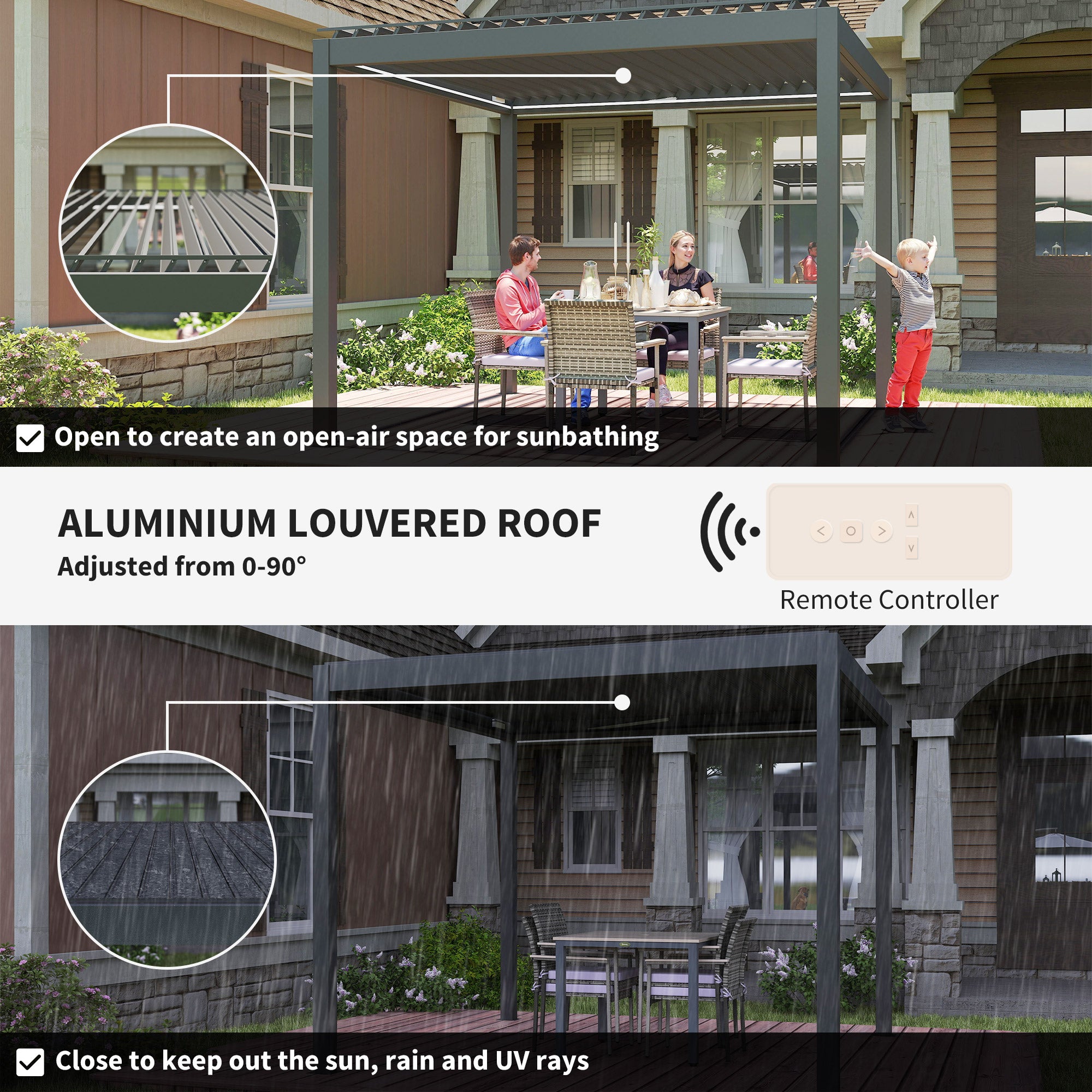 Outsunny 3 x 3(m) Electric Louvered Pergola with LED Lights, Aluminium Pergola Hardtop Gazebo with Remote, Adjustable Roof and Drainage System, Water and UV Proof