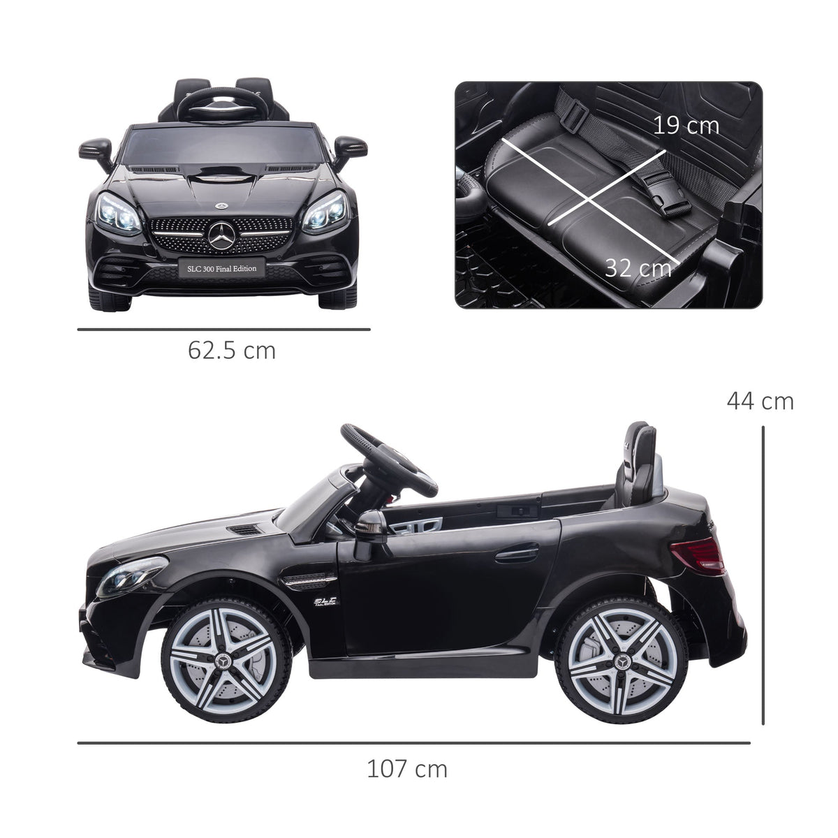 HOMCOM Benz SLC 300 Licensed 12V Kids Electric Ride On, with Music, Remote Control, LED Headlights, Horn, Black