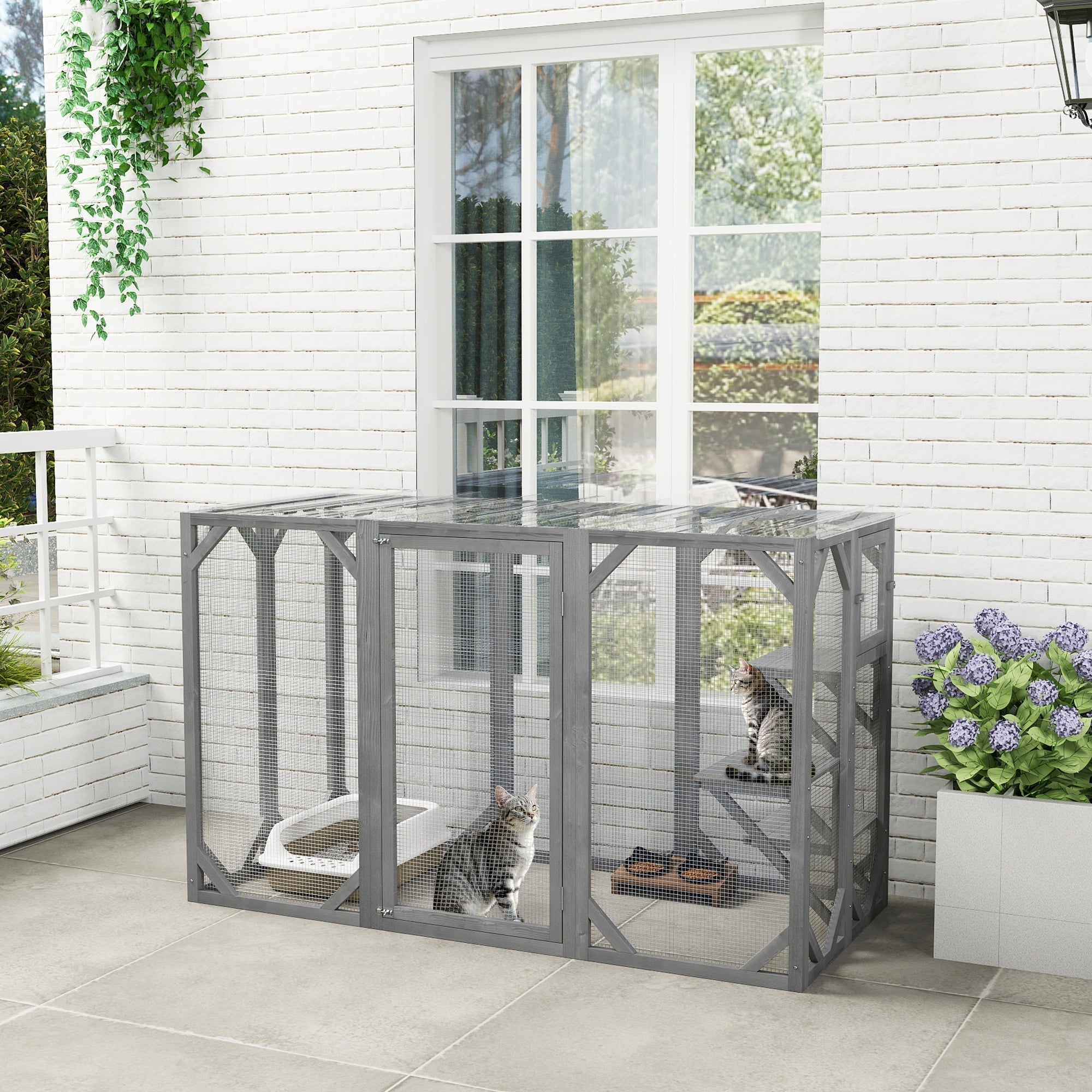 PawHut 71" Outdoor Wooden Cat House with Three Platforms, Large Door, Water-Resistant Roof, for Multiple Cats, Grey