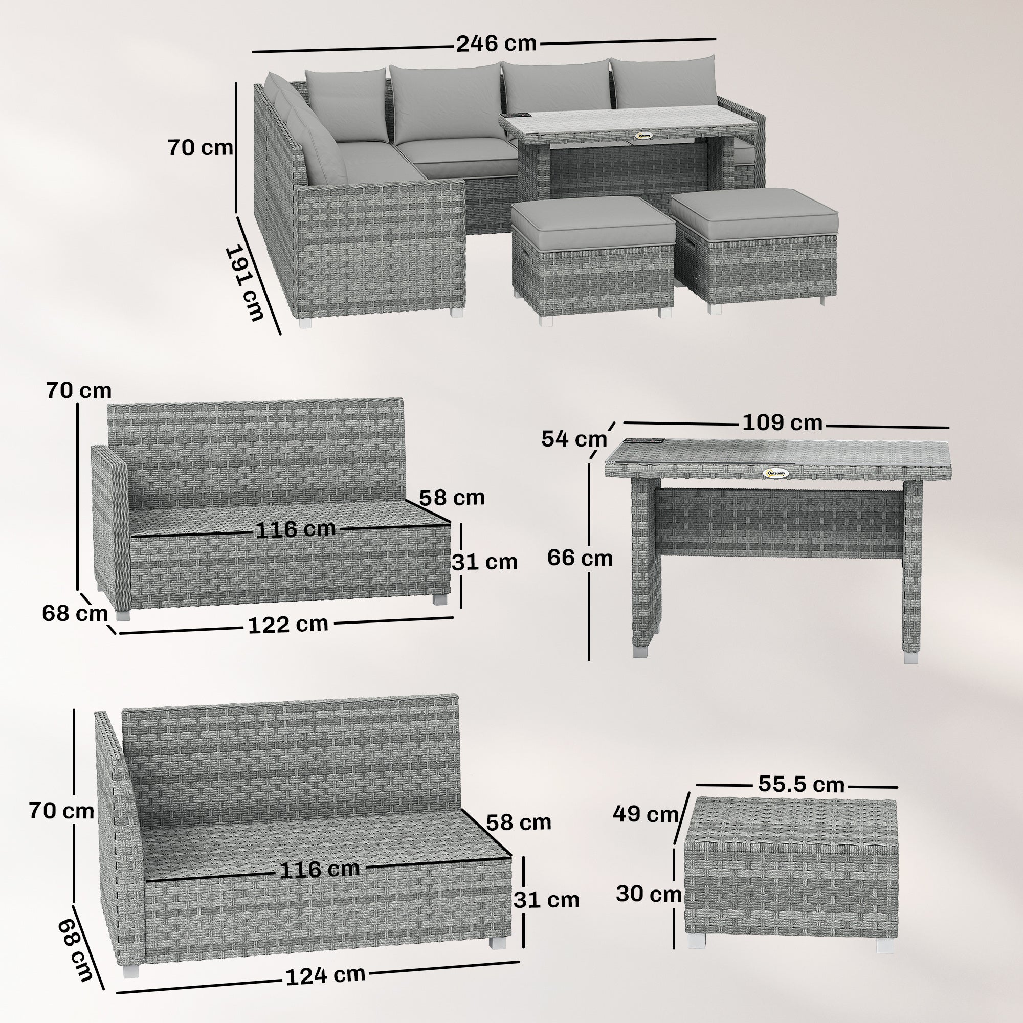 Outsunny 6 Seater Rattan Garden Furniture Set with 3 Sofas, 2 Footstools, Table, Patio Rattan Furniture Sofa Sets, Grey