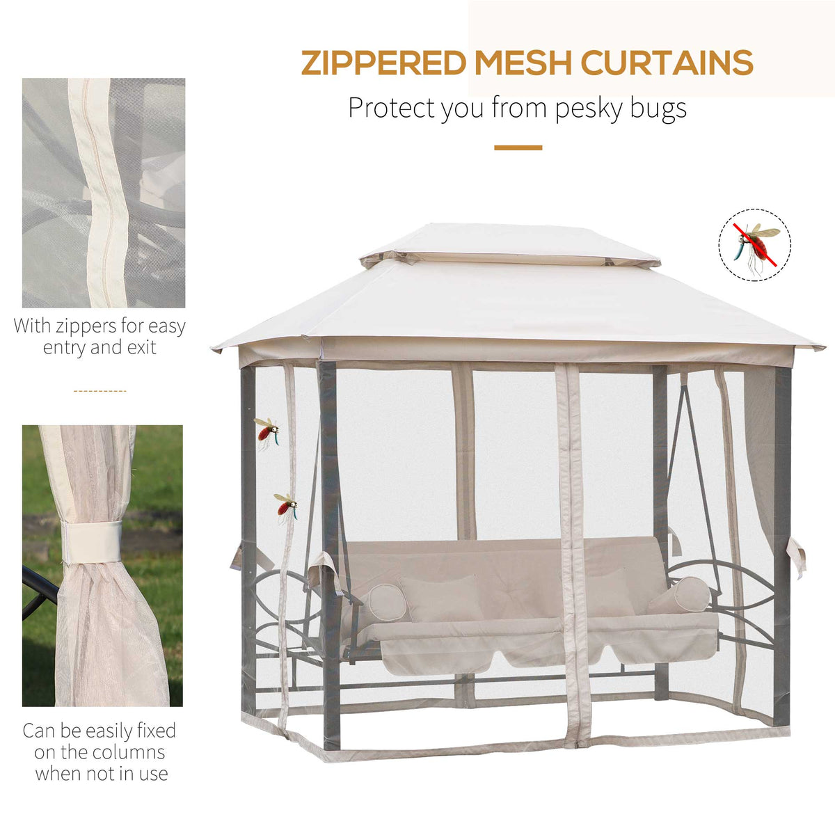 Outsunny 2-in-1 Convertible Gazebo Swing Chair Bed W/Netting, 245Lx165Wx243H cm-Beige/Black