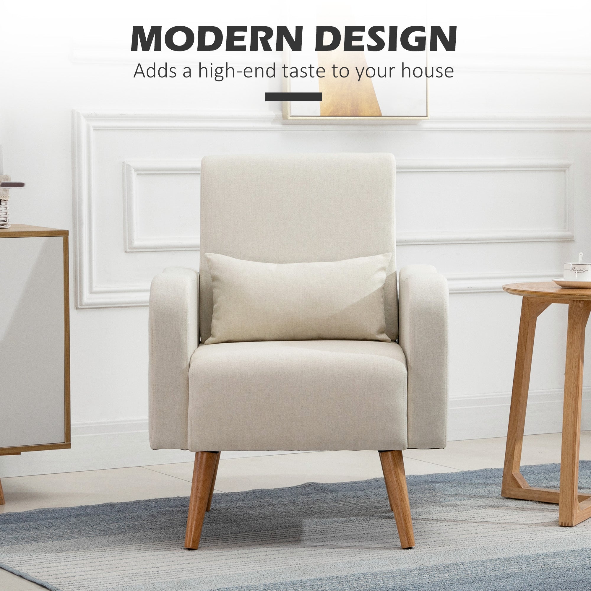 HOMCOM Accent Chair, Linen-Touch Armchair with Pillow, Upholstered Leisure Lounge Sofa for Living Room, Club Chair with Rubber Wooden Frame, Cream
