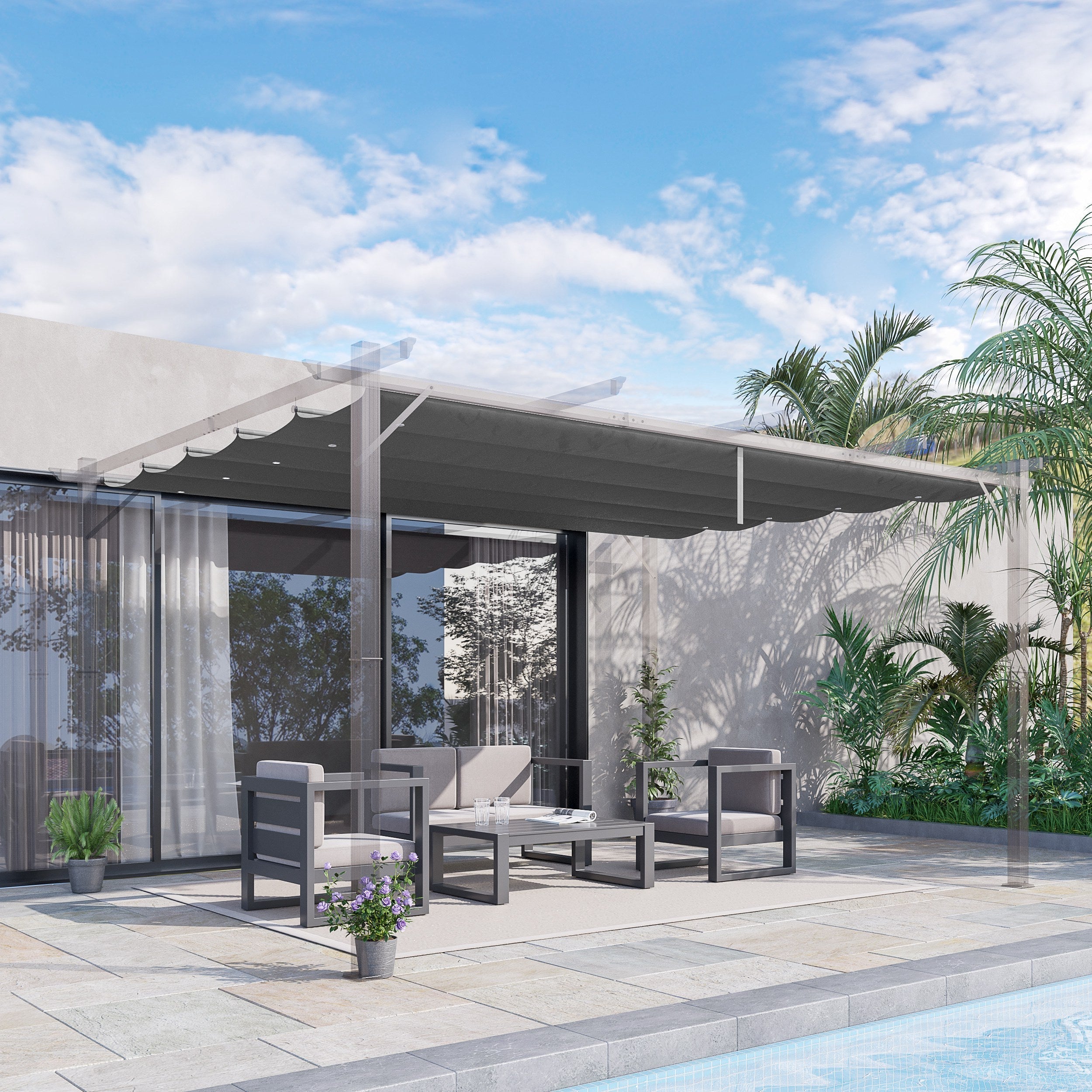 Outsunny Retractable Pergola Cover, 3.5 x 2.6 m Replacement Canopy Fabric for 4 x 3 m Frame, Roof Top Only, Dark Grey