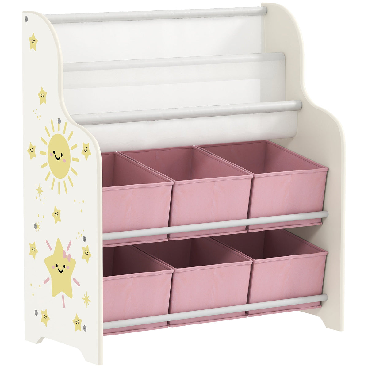 AIYAPLAY Kids Storage Unit, Toy Organiser with 6 Fabric Drawers and 2-Tier Sling Book Rack for Bedroom, Playroom, Nursery, Pink