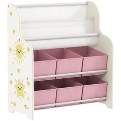 AIYAPLAY Kids Storage Unit, Toy Organiser with 6 Fabric Drawers and 2-Tier Sling Book Rack for Bedroom, Playroom, Nursery, Pink