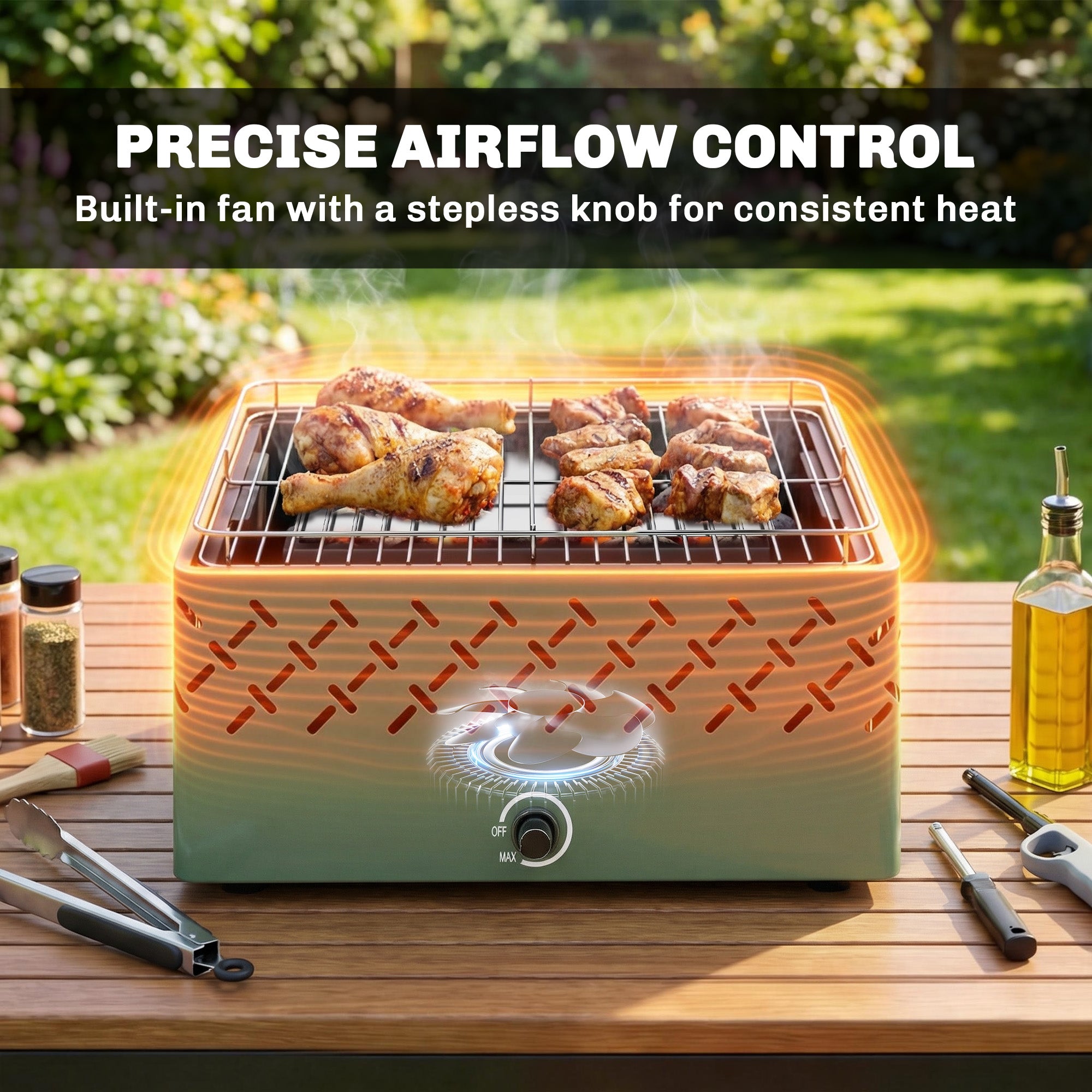 Outsunny Portable Charcoal BBQ Grill, Battery Powered Barbecue Grill with Built-in Fan for Camping Picnic, Light Green