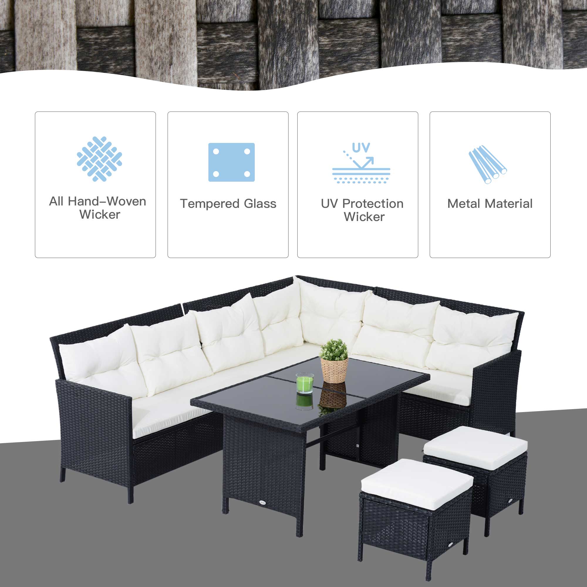 Outsunny 8-Seater Garden Rattan Furniture Rattan Corner Dining Sofa Set Wicker Conservatory Furniture Lawn Patio Coffee Table Foot Stool w/Cushion-Black