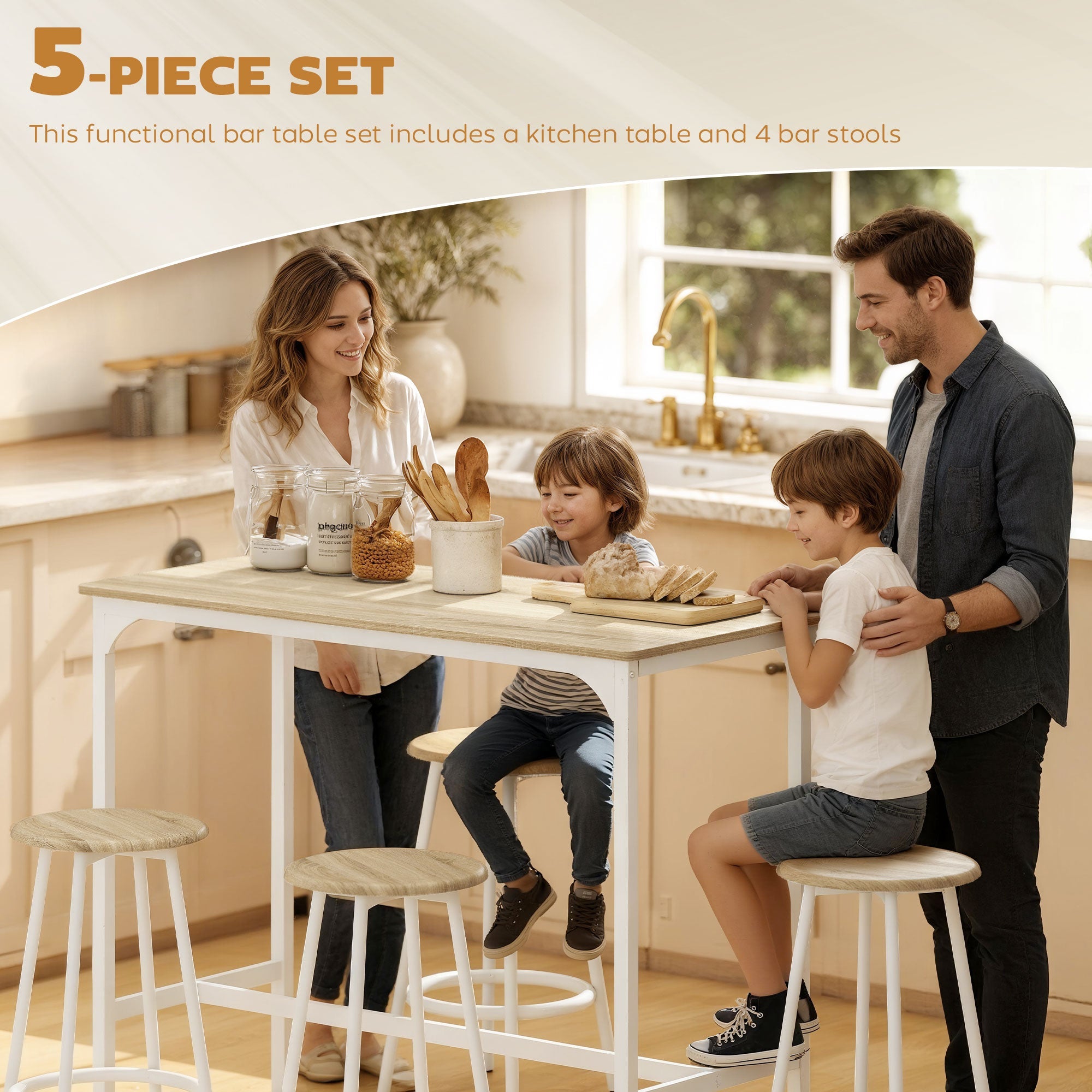HOMCOM 5 Piece Bar Table Set for 4 with Stools, Metal Frame, Footrest for Kitchen Natural Wood