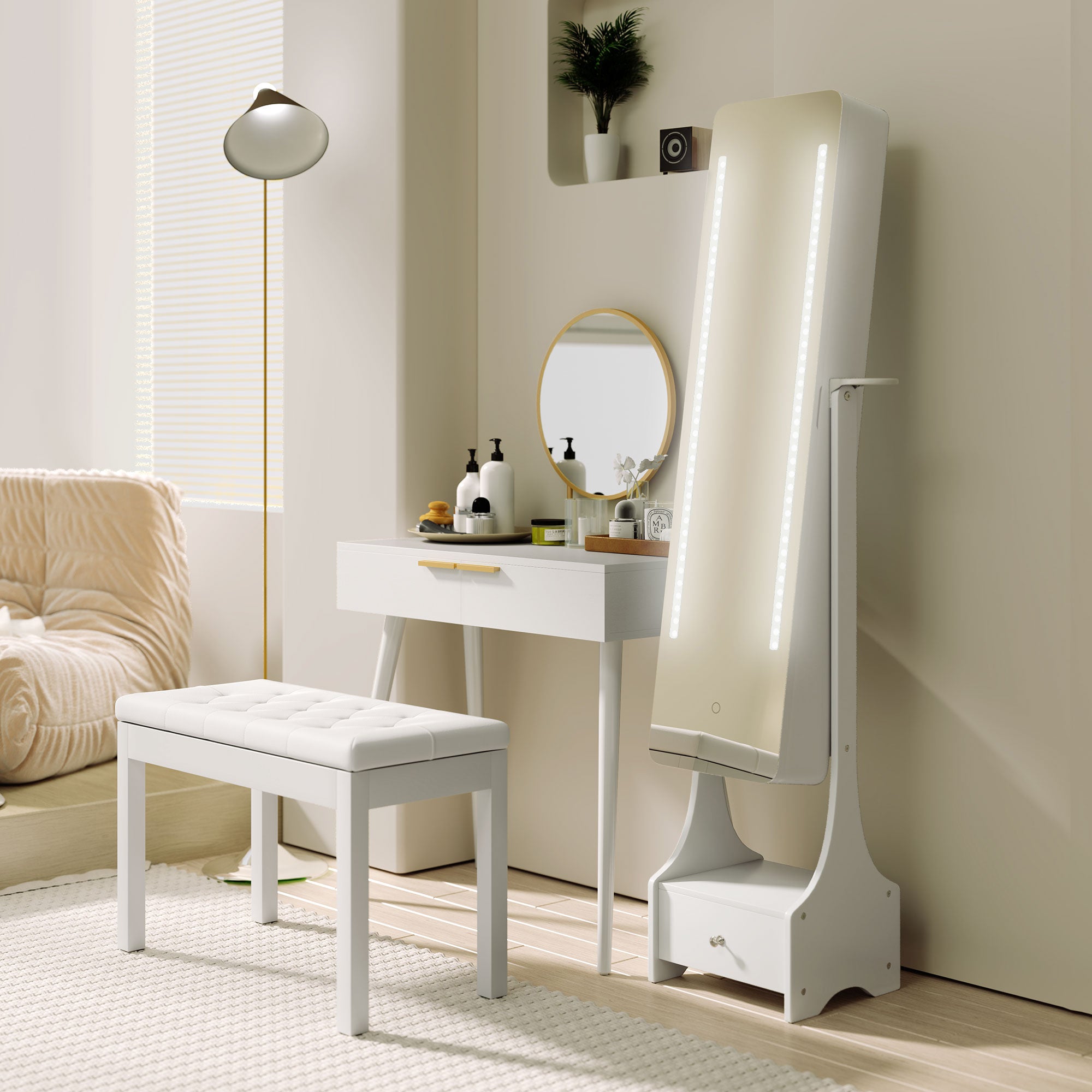 HOMCOM Elegant Dressing Table, with Round Mirror, 80 x 40 x 123 cm - White