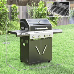 Outsunny 4+1 Burner Gas BBQ Grill with Clear View Lid, Portable Gas Barbecue Grill with Built-in Thermometer, Side Table, Cabinet, Wheels, Grease Tray for Garden Party Outdoor Cooking, Black
