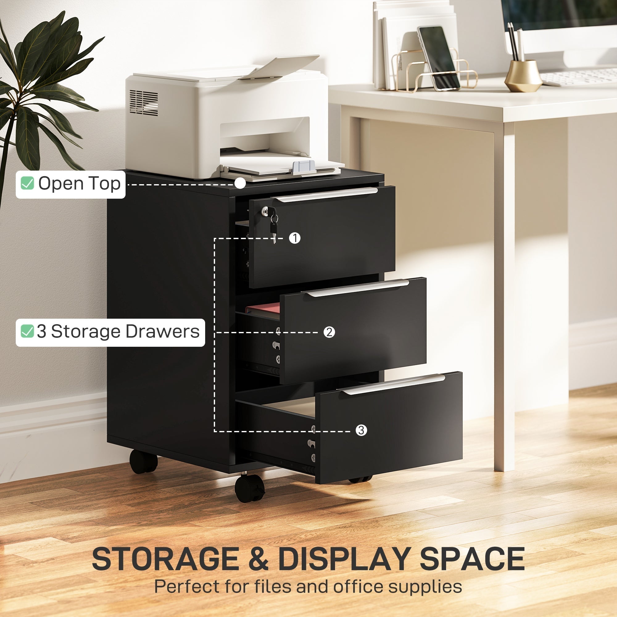HOMCOM Three-Drawer Locking Filing Cabinet - Black