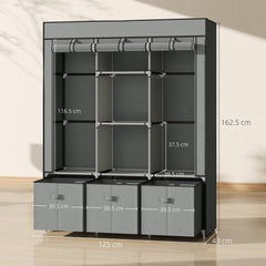 HOMCOM Fabric Wardrobe for Bedroom, Portable Wardrobe with 5 Shelves, 2 Hanging Rails and 3 Fabric Drawers, Foldable Closet, 125 x 43 x 162.5cm, Light Grey