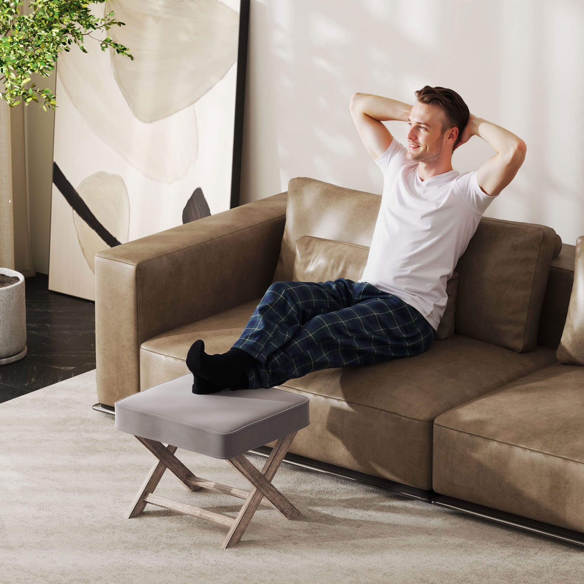 HOMCOM Vintage Footstool Padded Seat X Leg Chair Velvet Cover Shabby Chic Footrest Solid Rubber Wood Frame 49.5 x 45 x 41 cm Grey