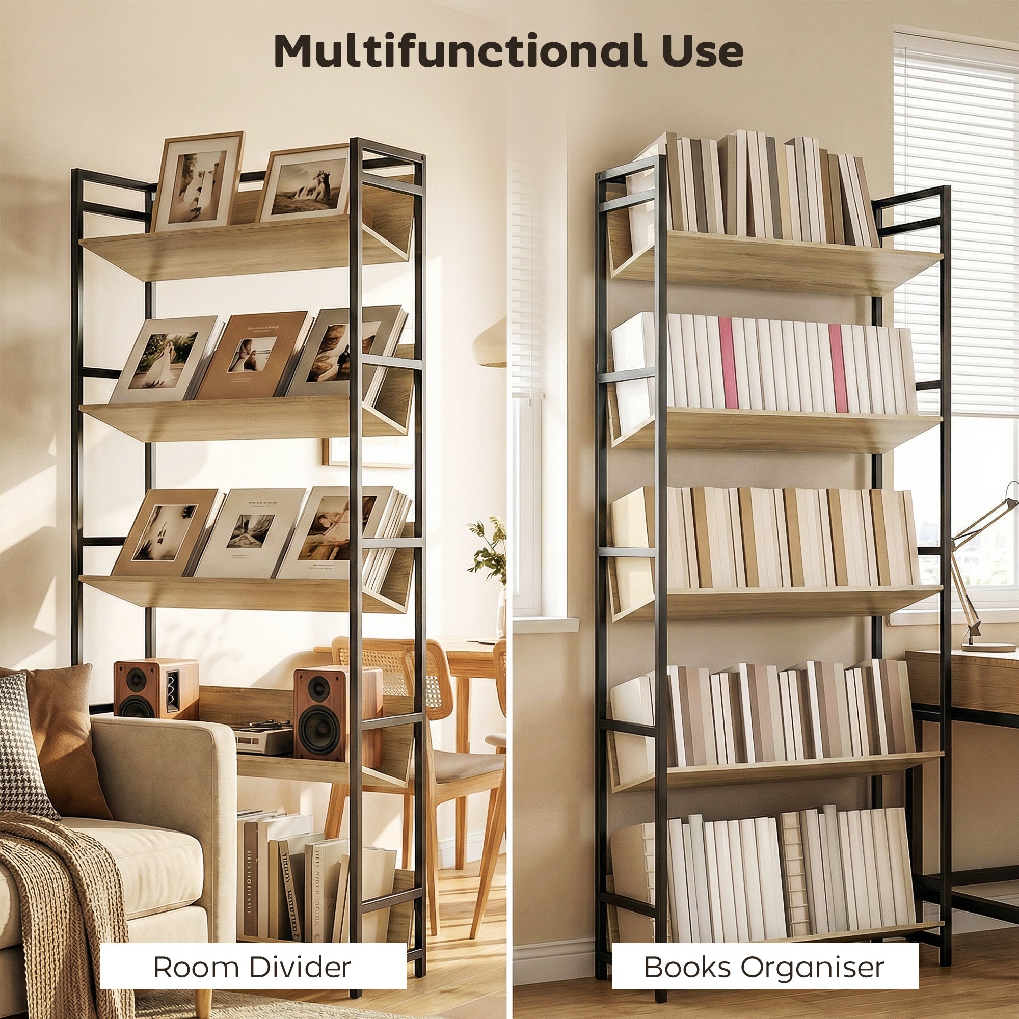 HOMCOM Bookshelf 5-Tier Metal Frame Room Divider Bookcase Storage Shelves for Living Room Oak