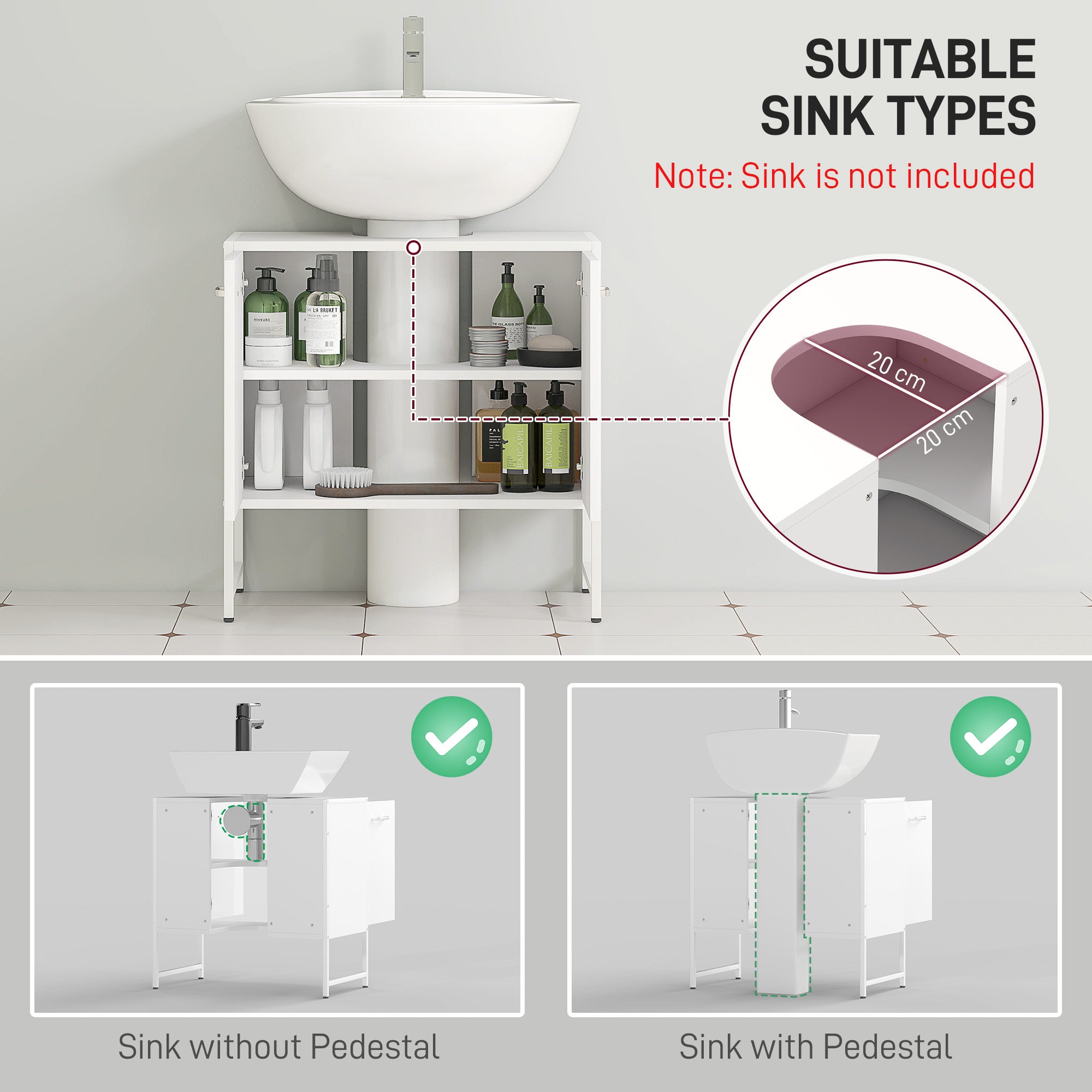 HOMCOM Bathroom Vanity Unit, Under Sink Storage Cabinet with Soft-Close Doors for Basin without or with Pedestal, White