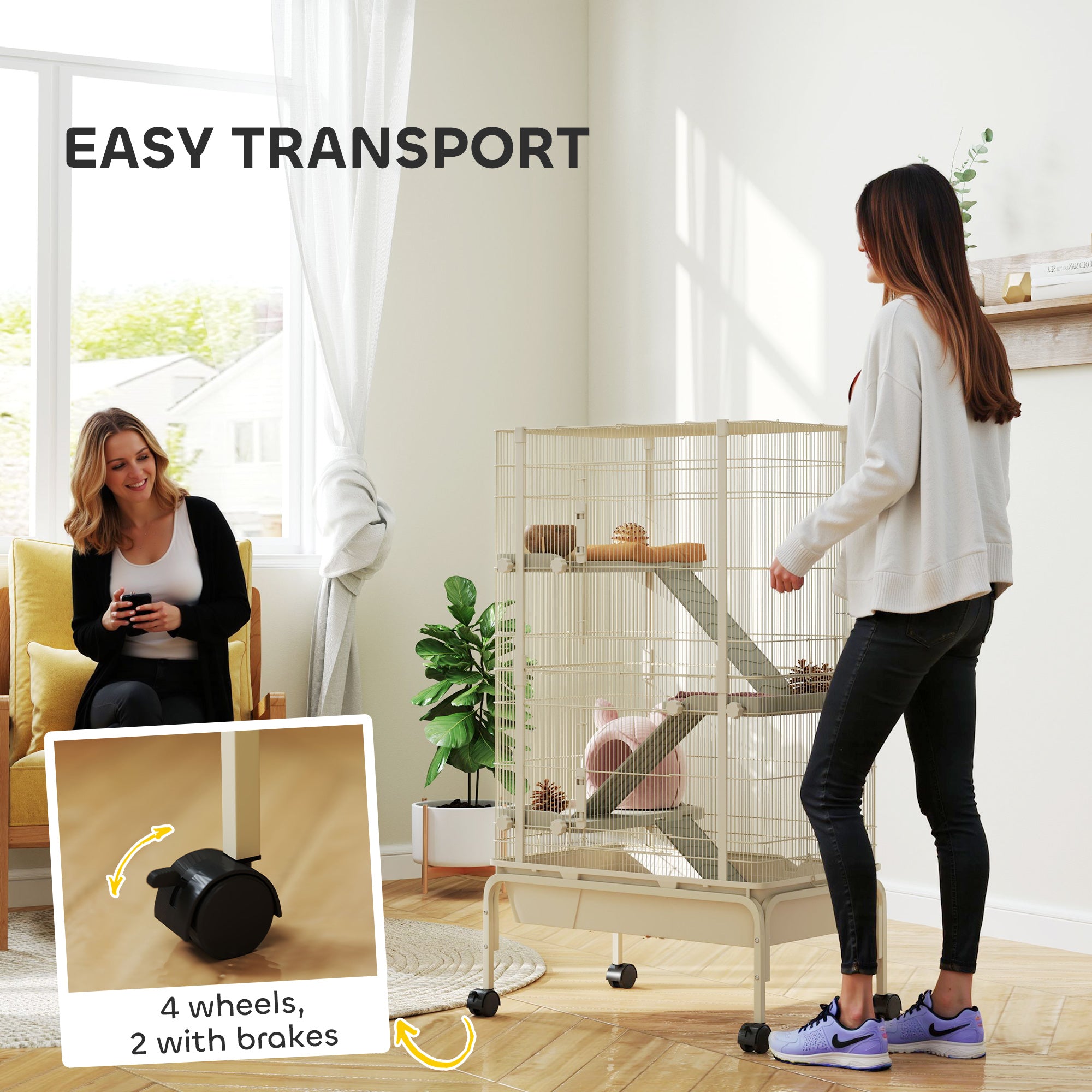 PawHut 4-Level Rolling Small Animal Cage, Rabbit Cage with 3 Ramps, Water Bottle, Food Dish, 15cm Deep Tray, Beige