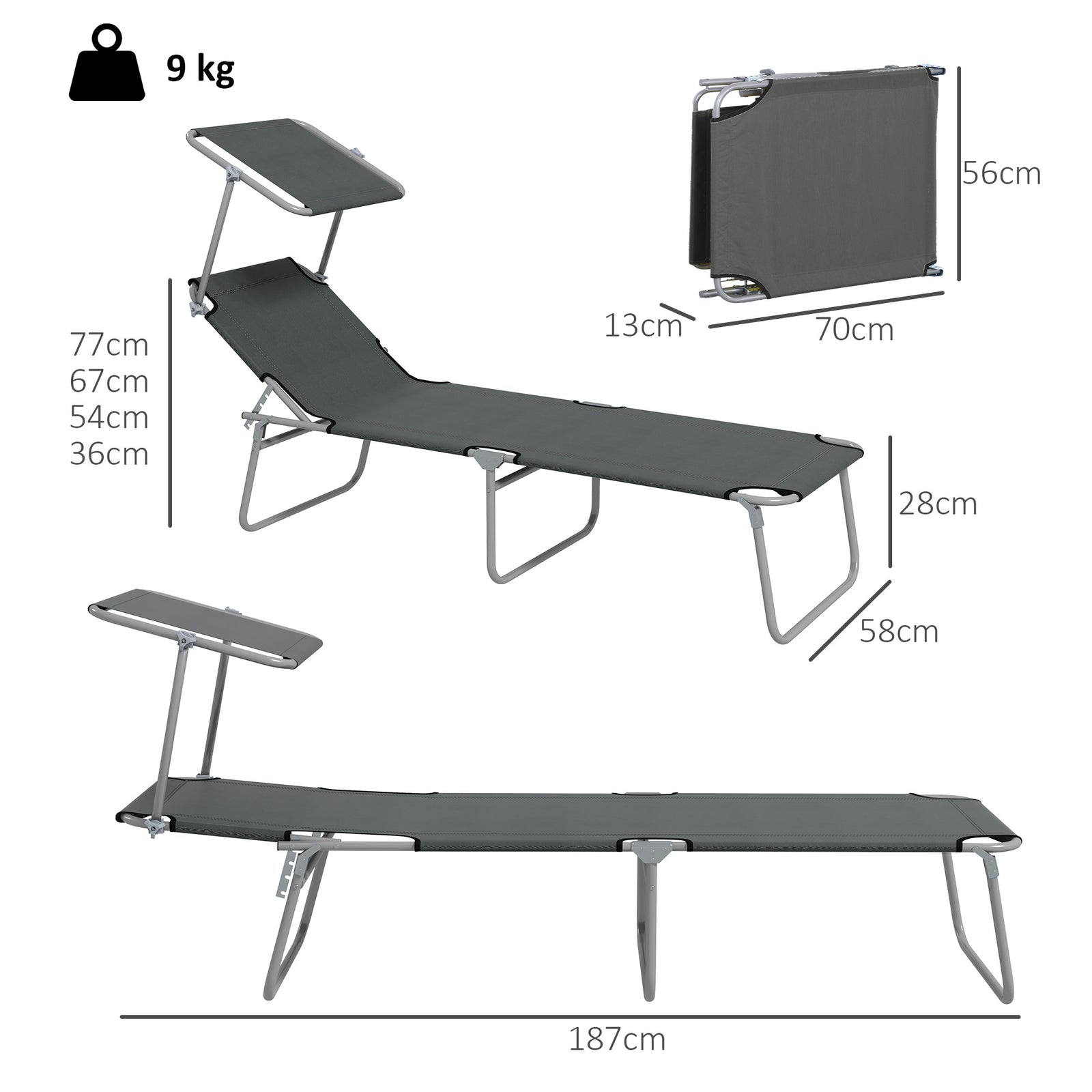 Outsunny Folding Sun Lounger Set of 2 with Canopy, Reclining Sunbed with 4-Position Adjustable Backrest, 600D Oxford Cloth, Portable Garden Lounger Recliner Chair for Beach, Camping, Patio, Grey