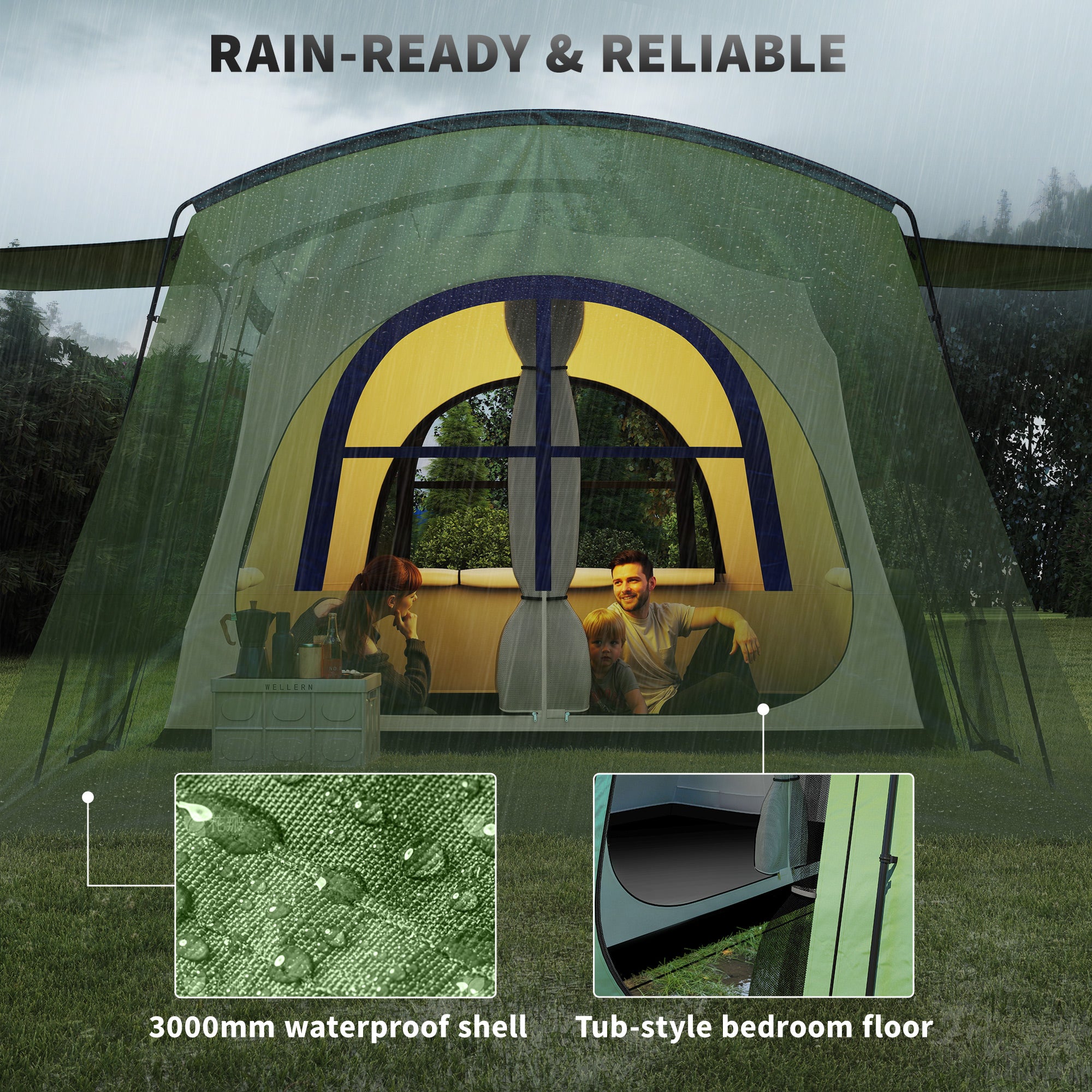 Outsunny 4 Man Tunnel Tent, Family Camping Tent with Porch, Bedroom and Living Area, Sewn in Groundsheet, 3000mm Waterproof, Portable with Bag for Hiking, Festival, Backpacking, Green