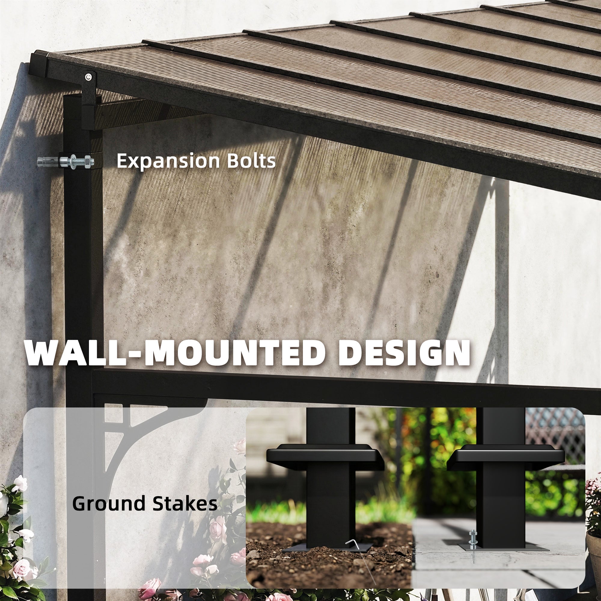 Outsunny 4 x 3 m Metal Lean-to Pergola, Wall-Mounted Garden Pergola with Polycarbonate Roof and Metal-Aluminium Frame, Heavy Duty Hardtop Gazebo for Outdoor Patios, BBQ, Brown