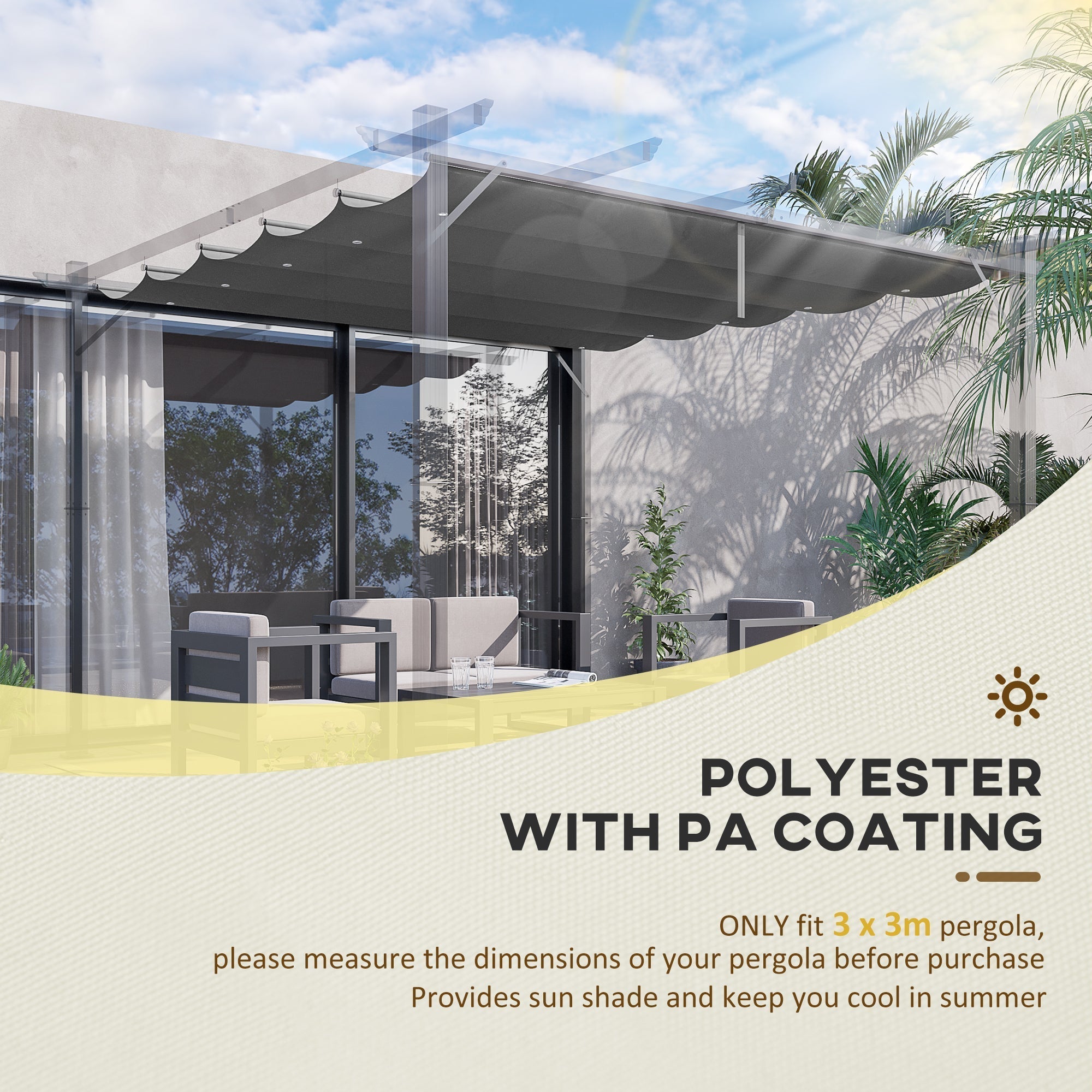 Outsunny Retractable Pergola Cover, 2.55 x 2.5 m Replacement Canopy Fabric for 3 x 3 m Frame, Roof Top Only, Dark Grey